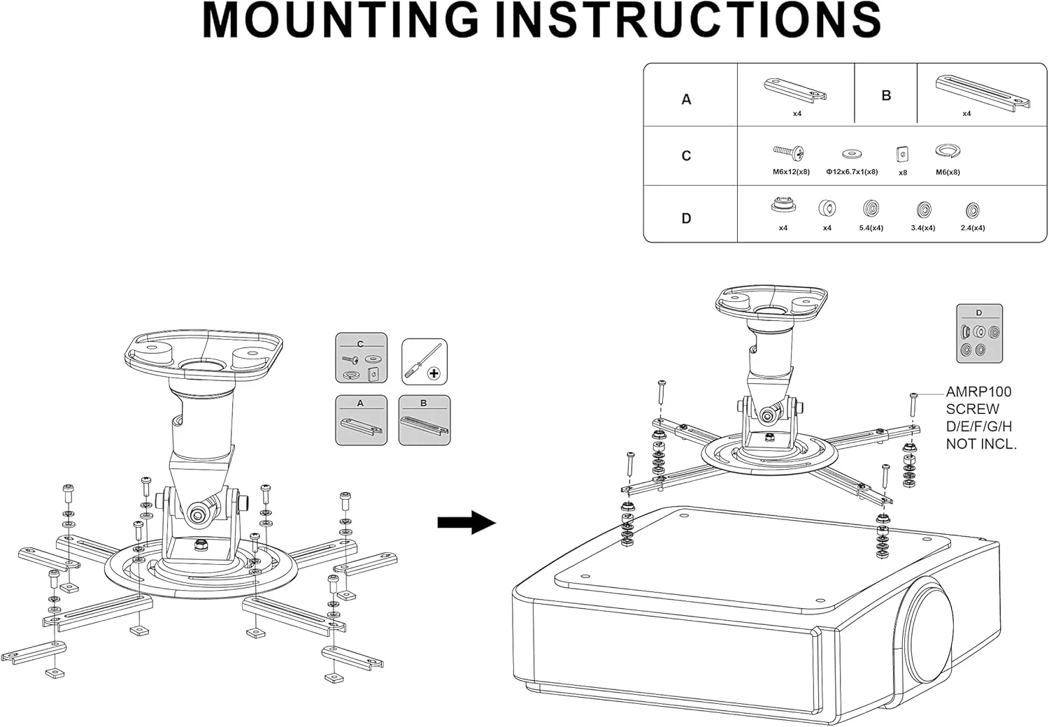 بازوهای اتصال پروژکتور یونیورسال Amer.com (نقاط نصب تا حداکثر 15.7 اینچ)