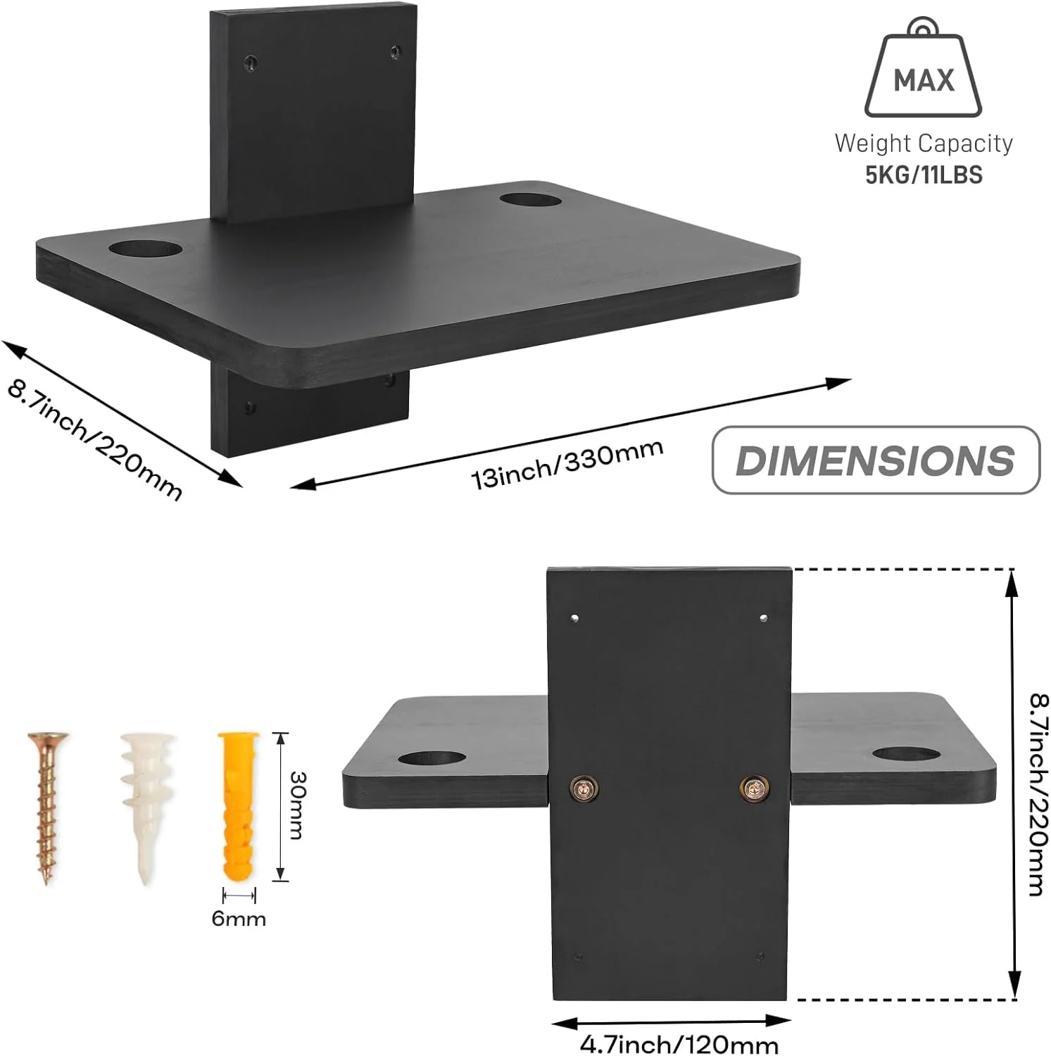 شلف کوچک مینی پروژکتور BEARUT / شلف شناور دیواری پروژکتور / شلف روتر / شلف جعبه کابل مودم / نگهدارنده رک پروژکتور / پایه پروژکتور ساخته شده از چوب جامد مشکی 1