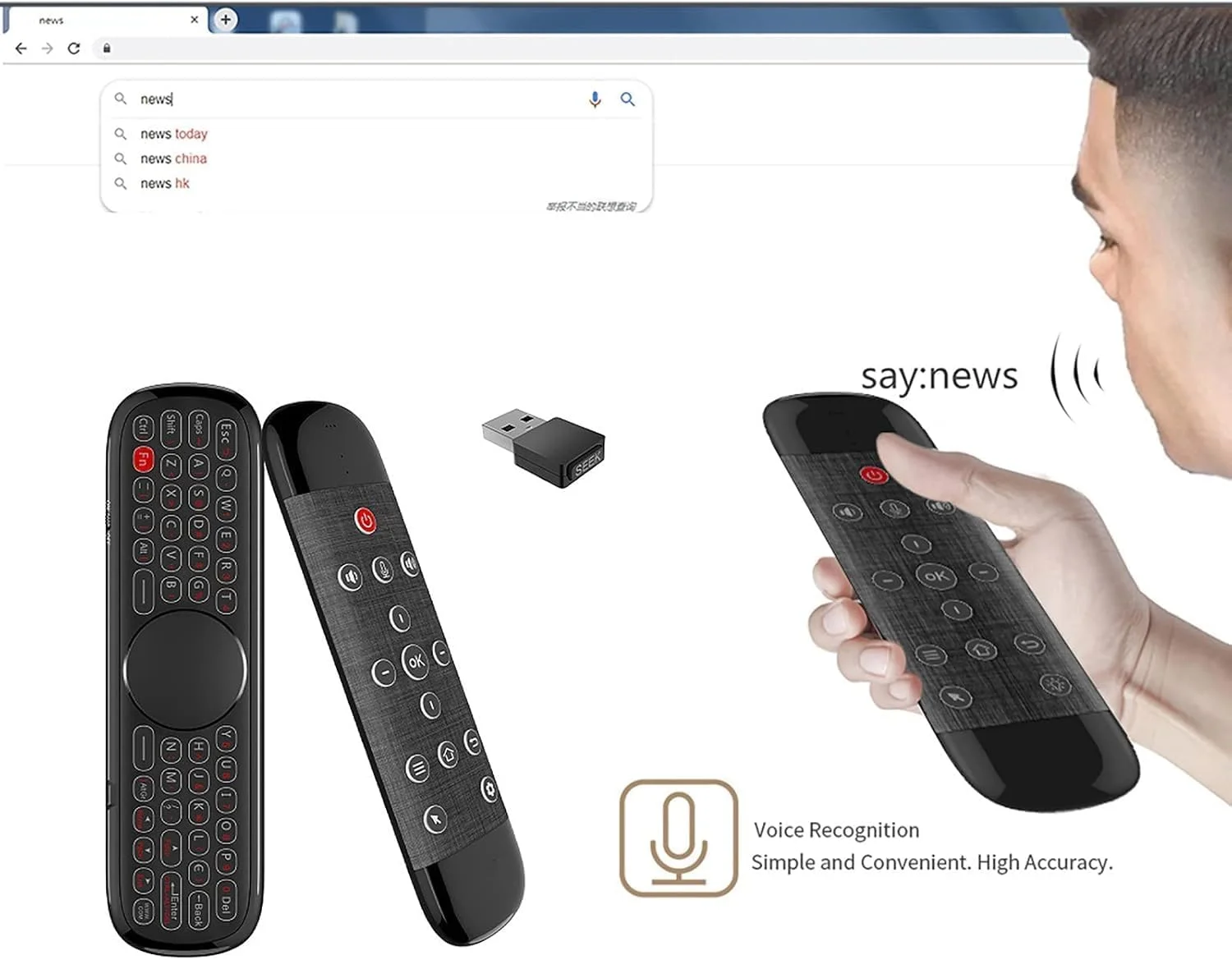 موس هوایی کنترل تلویزیون Azonee مدل W2 Pro، کیبورد بی‌سیم کوچک 3 در 1 با تاچ‌پد برای تلویزیون هوشمند
