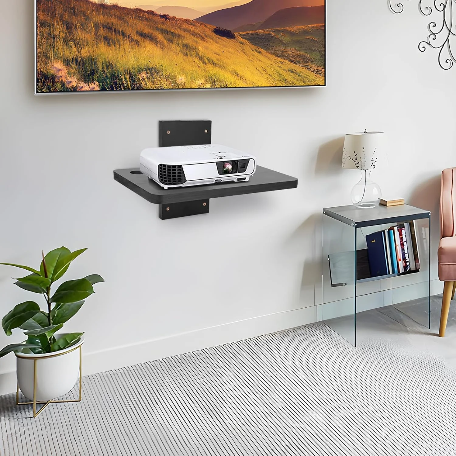 شلف کوچک مینی پروژکتور BEARUT / شلف شناور دیواری پروژکتور / شلف روتر / شلف جعبه کابل مودم / نگهدارنده رک پروژکتور / پایه پروژکتور ساخته شده از چوب جامد مشکی 1