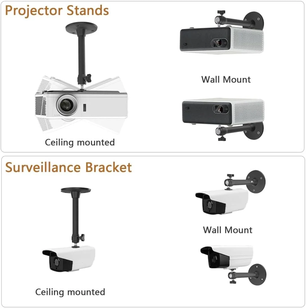 پایه نگهدارنده مینی پروژکتور سقفی و دیواری، قابل تنظیم با قابلیت چرخش و شیب، آویز دیواری برای مینی پروژکتور به همراه 2 آداپتور رایگان (175 میلی متر، مشکی)