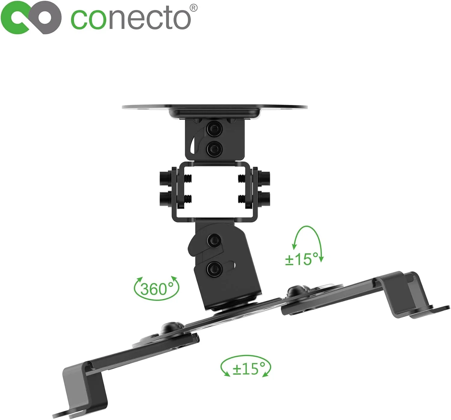 پایه سقفی پروژکتور conecto، شیب دار (+/-15 درجه)، چرخش 360 درجه، فاصله تا سقف 15 سانتی متر، حداکثر بار 13.5 کیلوگرم، محدوده نصب جهانی 5-32 سانتی متر، مشکی