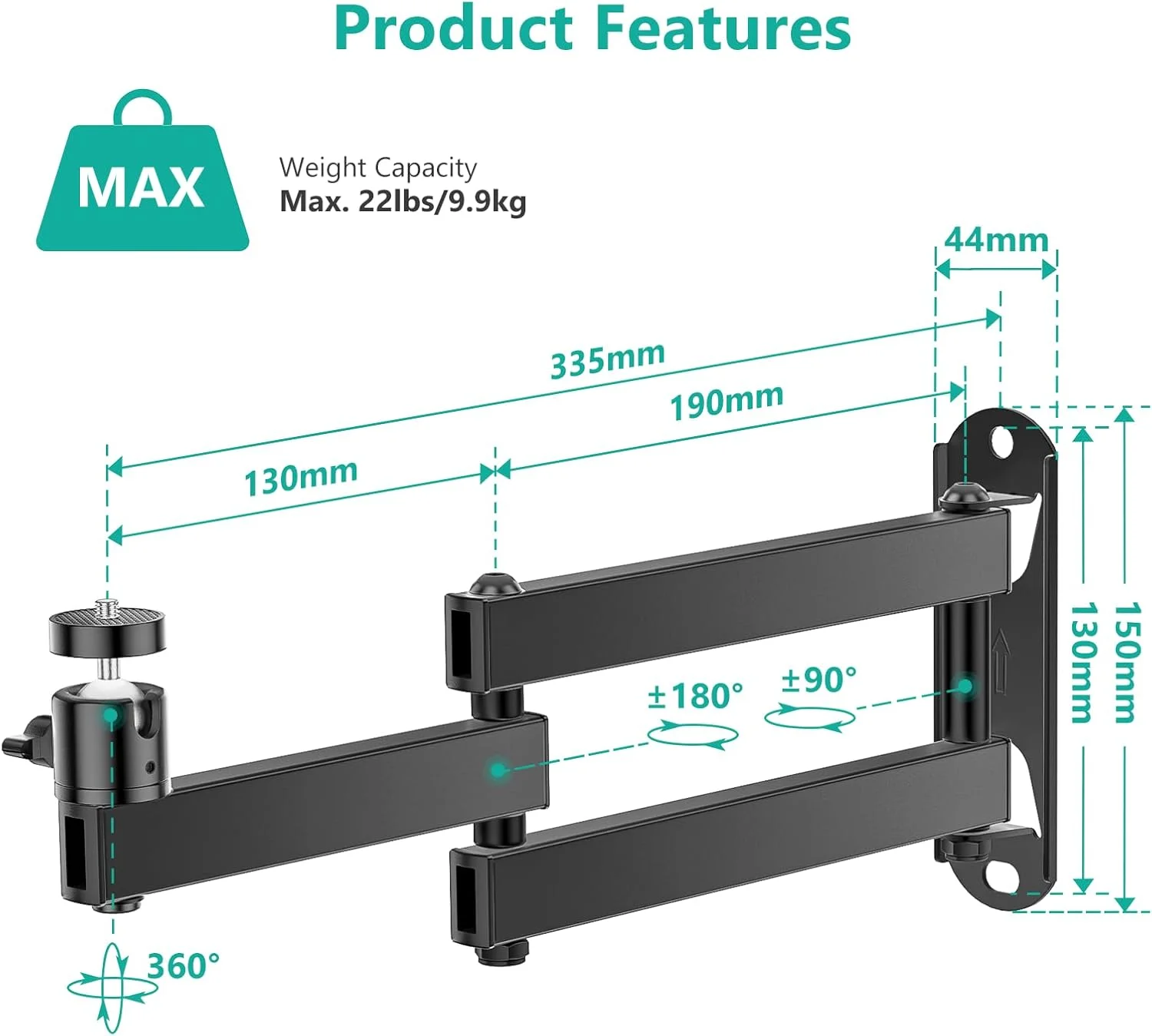 پایه دیواری تاشو پروژکتور WALI، پایه پروژکتور دیواری قابل تنظیم جهانی، آلیاژ آلومینیوم، اندازه پیچ 1/4 اینچ M4 M6، (1330LM-PM)، مشکی