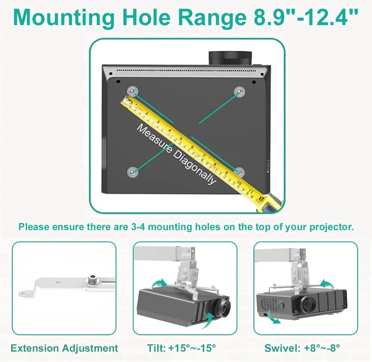 پایه نصب پروژکتور WALI سقفی/دیواری - براکت جهانی 3 در 1 با میله افزایش طول، نگهدارنده قابل تنظیم ارتفاع برای پروژکتورهای LCD/DLP، پشتیبانی تا 20 کیلوگرم، سفید (PM-003-W)