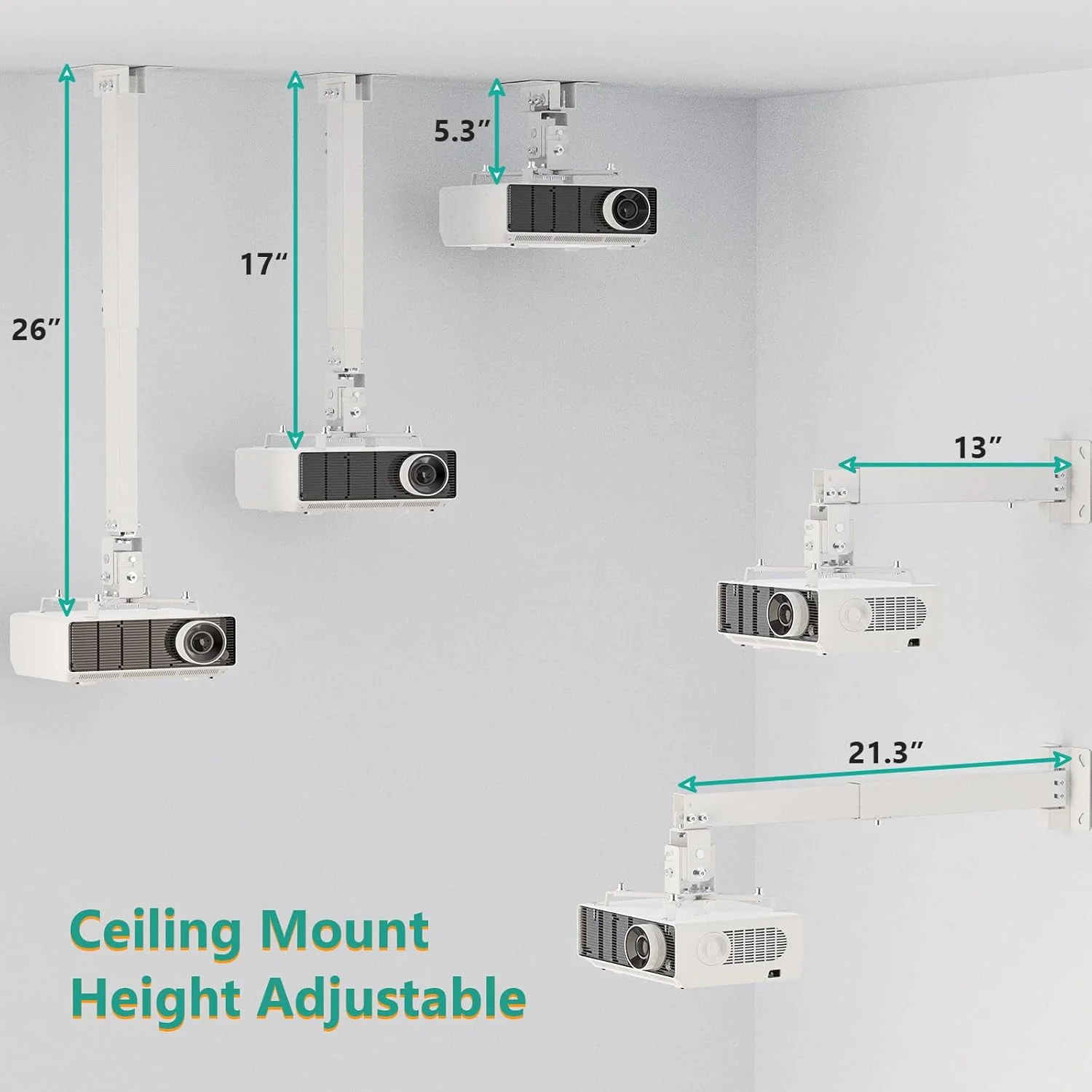 پایه نصب پروژکتور WALI سقفی/دیواری - براکت جهانی 3 در 1 با میله افزایش طول، نگهدارنده قابل تنظیم ارتفاع برای پروژکتورهای LCD/DLP، پشتیبانی تا 20 کیلوگرم، سفید (PM-003-W)