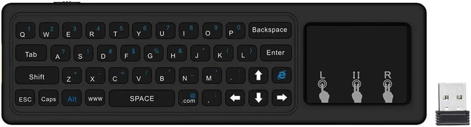 مینی کیبورد بی سیم 2.4 گیگاهرتزی QWERTY با تاچ پد موس و کنترل از راه دور دستی با ژیروسکوپ 6 محوره برای کامپیوتر، تلویزیون و اندروید باکس