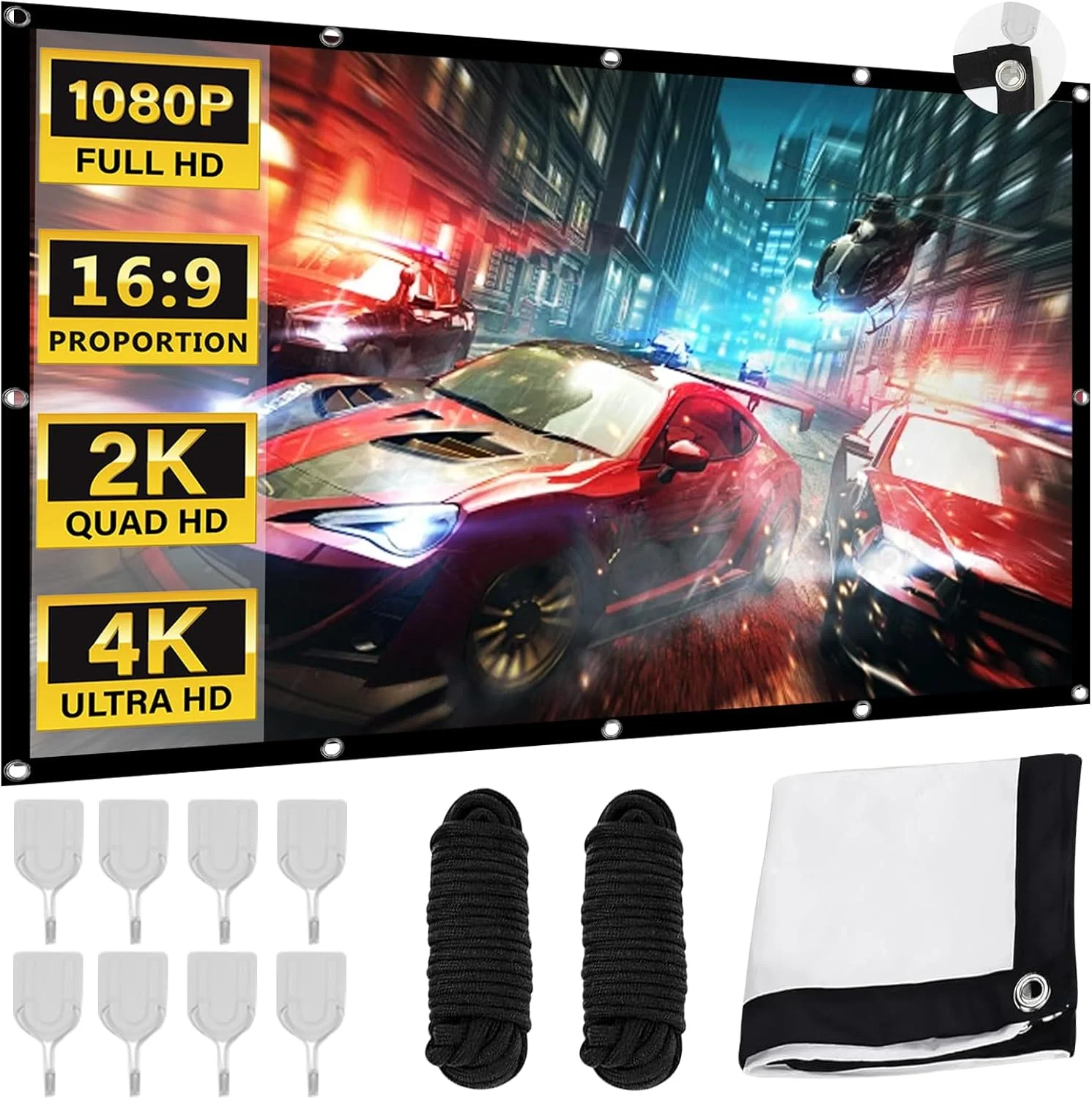 پرده نمایش پروژکتور 100 اینچی WIYETY: پرده نمایش HD با نسبت تصویر 16:9، پرده پروژکتور به همراه طناب و قلاب، پرده فیلم قابل حمل برای خانه، دفتر، مدرسه و کمپینگ در فضای باز
