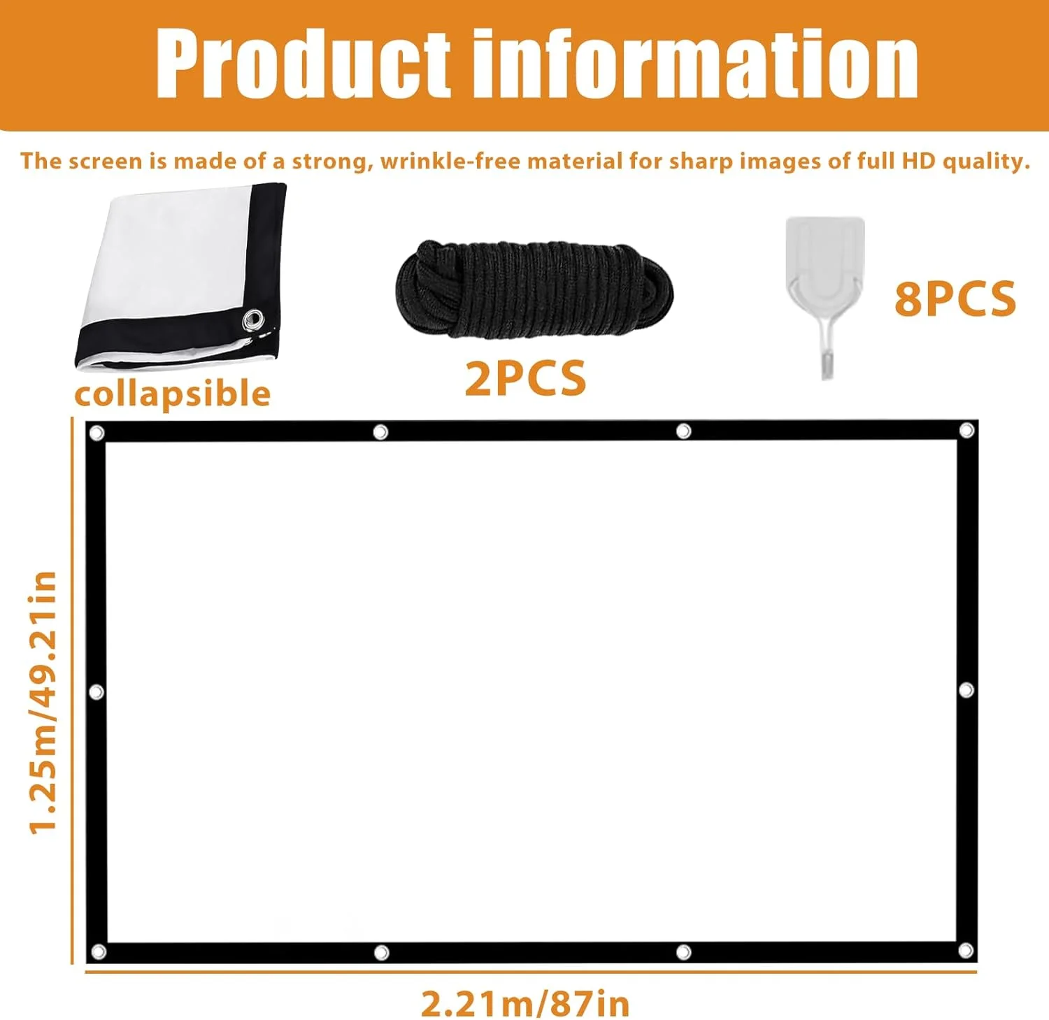 پرده نمایش پروژکتور 100 اینچی WIYETY: پرده نمایش HD با نسبت تصویر 16:9، پرده پروژکتور به همراه طناب و قلاب، پرده فیلم قابل حمل برای خانه، دفتر، مدرسه و کمپینگ در فضای باز