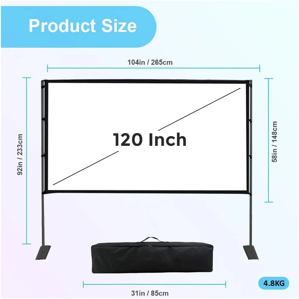 پرده نمایش قابل حمل Wownect با پایه 120 اینچ 16:9 HD 4K، پرده نمایش تاشو سریع، پرده نمایش داخلی و خارجی با پایه و کیف حمل برای سینمای خانگی و کمپینگ