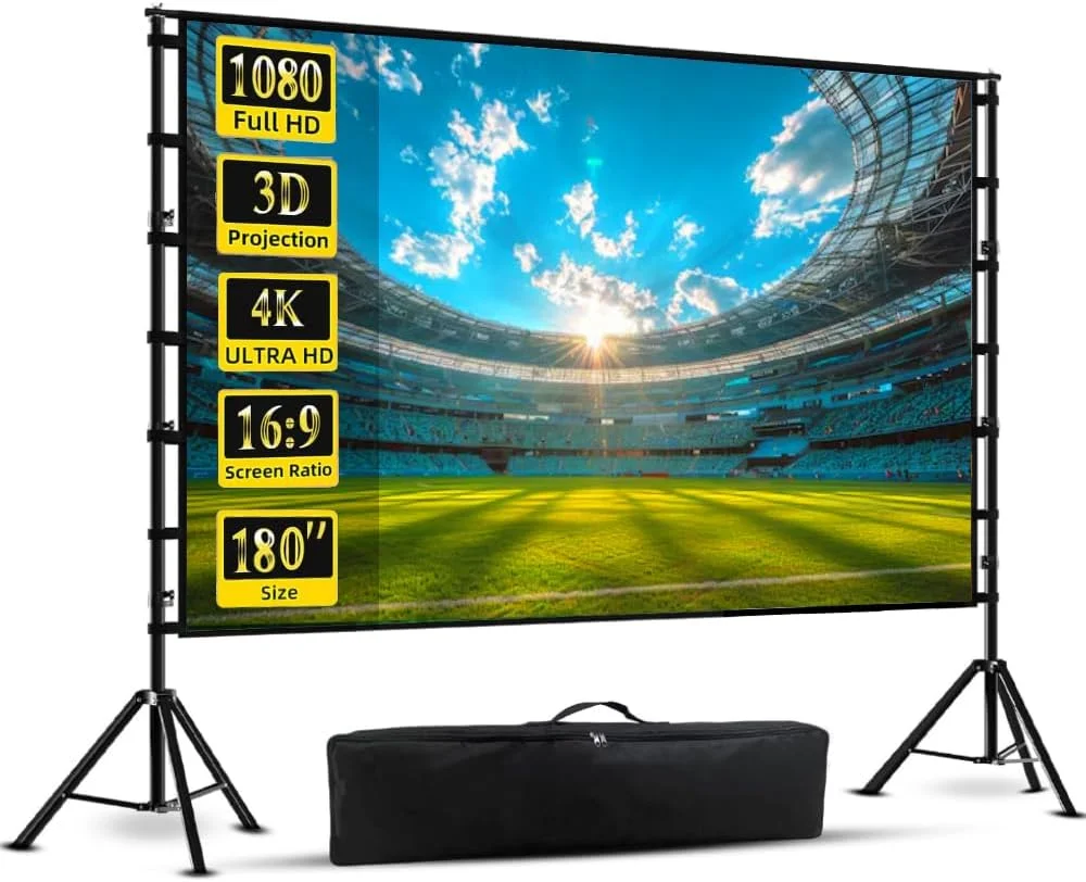 پرده نمایش پروژکتور Wownect با پایه، 180 اینچ، قابل حمل برای داخل و خارج از خانه، نسبت تصویر 16:9 HD 4K، بدون چروک، به همراه کیف حمل برای سینمای خانگی، کمپینگ و سینمای حیاط خلوت پرده نمایش پروژکتور Wownect با پایه، 180 اینچ، قابل حمل برای داخل و خارج از خانه، نسبت تصویر 16:9 HD 4K، بدون چروک، به همراه کیف حمل برای سینمای خانگی، کمپینگ و سینمای حیاط خلوت
