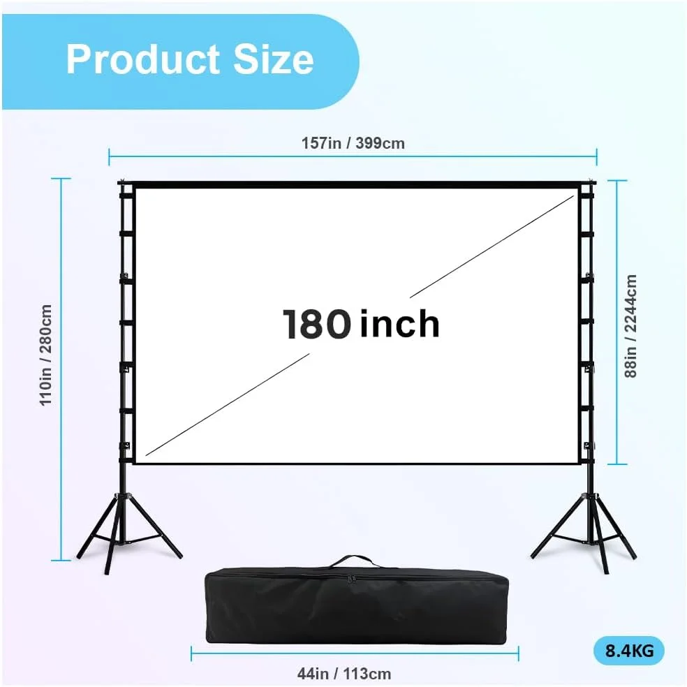 پرده نمایش پروژکتور Wownect با پایه، 180 اینچ، قابل حمل برای داخل و خارج از خانه، نسبت تصویر 16:9 HD 4K، بدون چروک، به همراه کیف حمل برای سینمای خانگی، کمپینگ و سینمای حیاط خلوت
