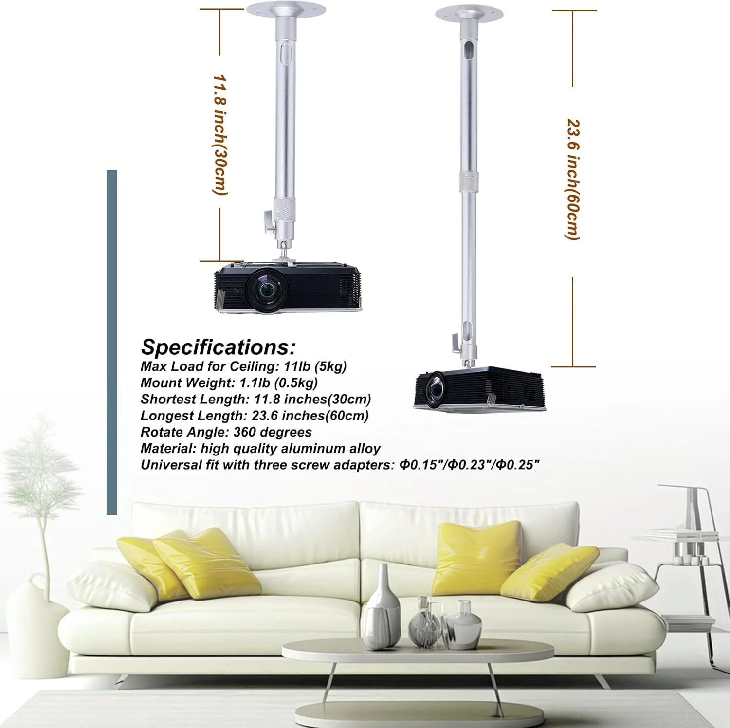 نگهدارنده پروژکتور سقفی و دیواری قابل تنظیم WXLHOTY، طول قابل تنظیم از 30 تا 60 سانتی متر، ظرفیت 5 کیلوگرم، پایه نگهدارنده پروژکتور سقفی با قابلیت چرخش 360 درجه