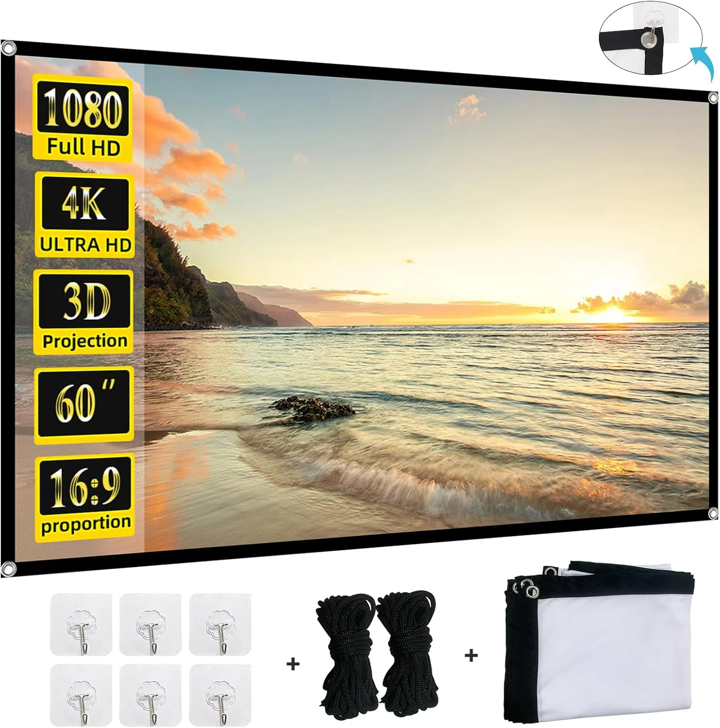 پرده نمایش تاشو 60 اینچی XINLEMY، پرده نمایش فیلم قابل حمل 4K 16:9 HD دو طرفه برای سینمای خانگی، حیاط خلوت، فضای داخلی و خارجی