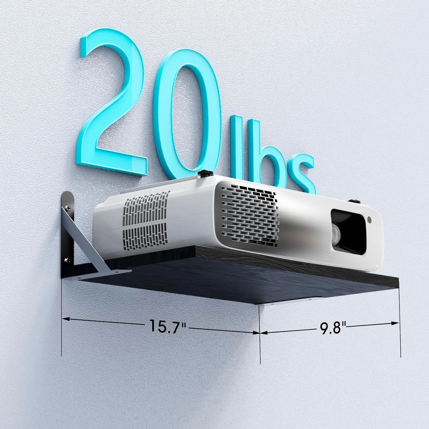 شلف پروژکتور DAWASAPAT، شلف دیواری شناور پروژکتور تمام مشکی، پایه پروژکتور، نگهدارنده رک پروژکتور، 15.7" x 9.8" (L*W) پایه پروژکتور با بست کمربندی کابل - 2 عدد