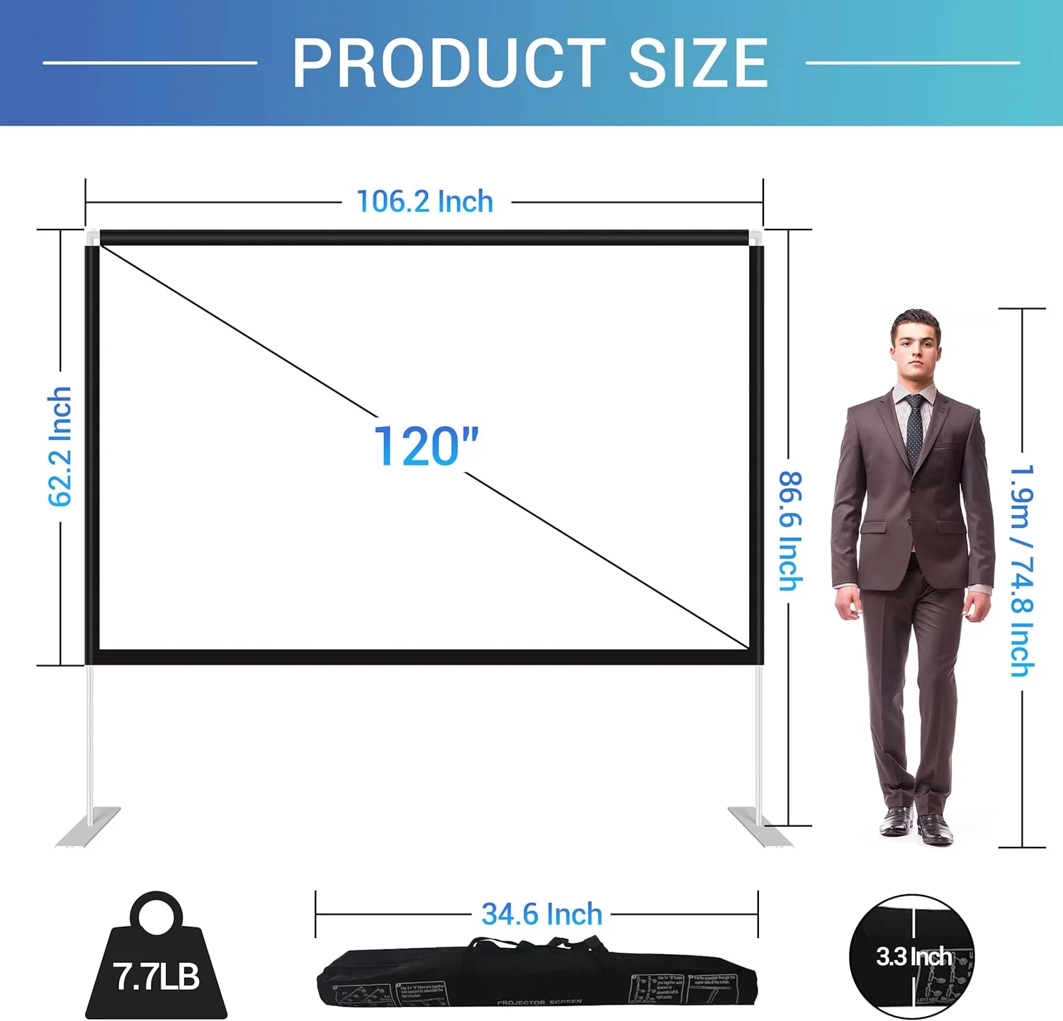 پرده نمایش و پایه - پرده نمایش 120 اینچی با نسبت تصویر 16:9 به همراه پایه - پرده نمایش قابل حمل برای استفاده در فضای باز، حیاط خلوت، منزل و سفرهای کمپینگ