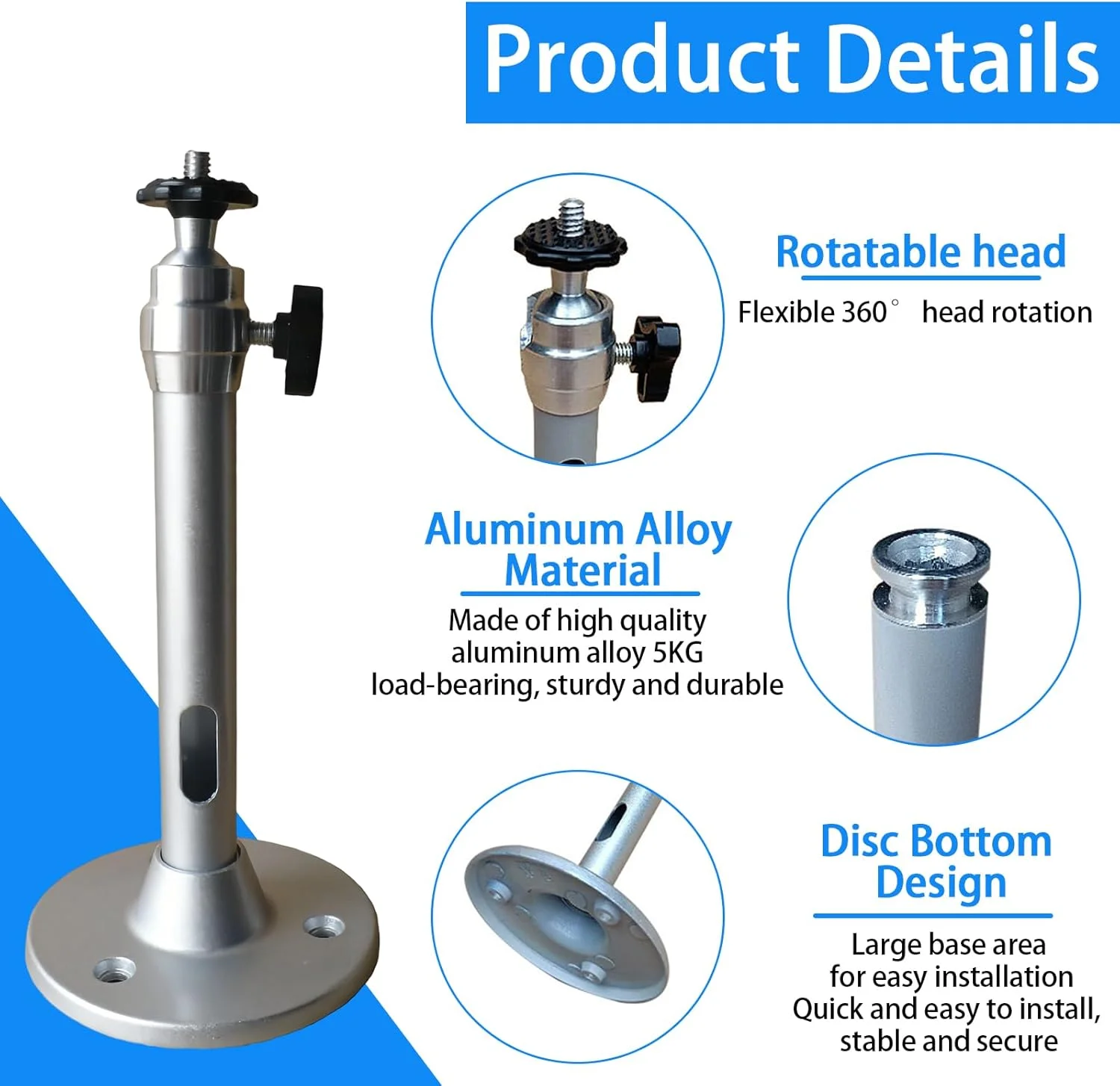 بسته 2 عددی پایه سقفی پروژکتور، پایه پروژکتور آلیاژ آلومینیوم، پایه سقفی پروژکتور 180 میلی‌متری، قابل تنظیم 360 درجه، همراه با پیچ و لوله انبساط، برای پروژکتورها و دوربین‌های امنیتی