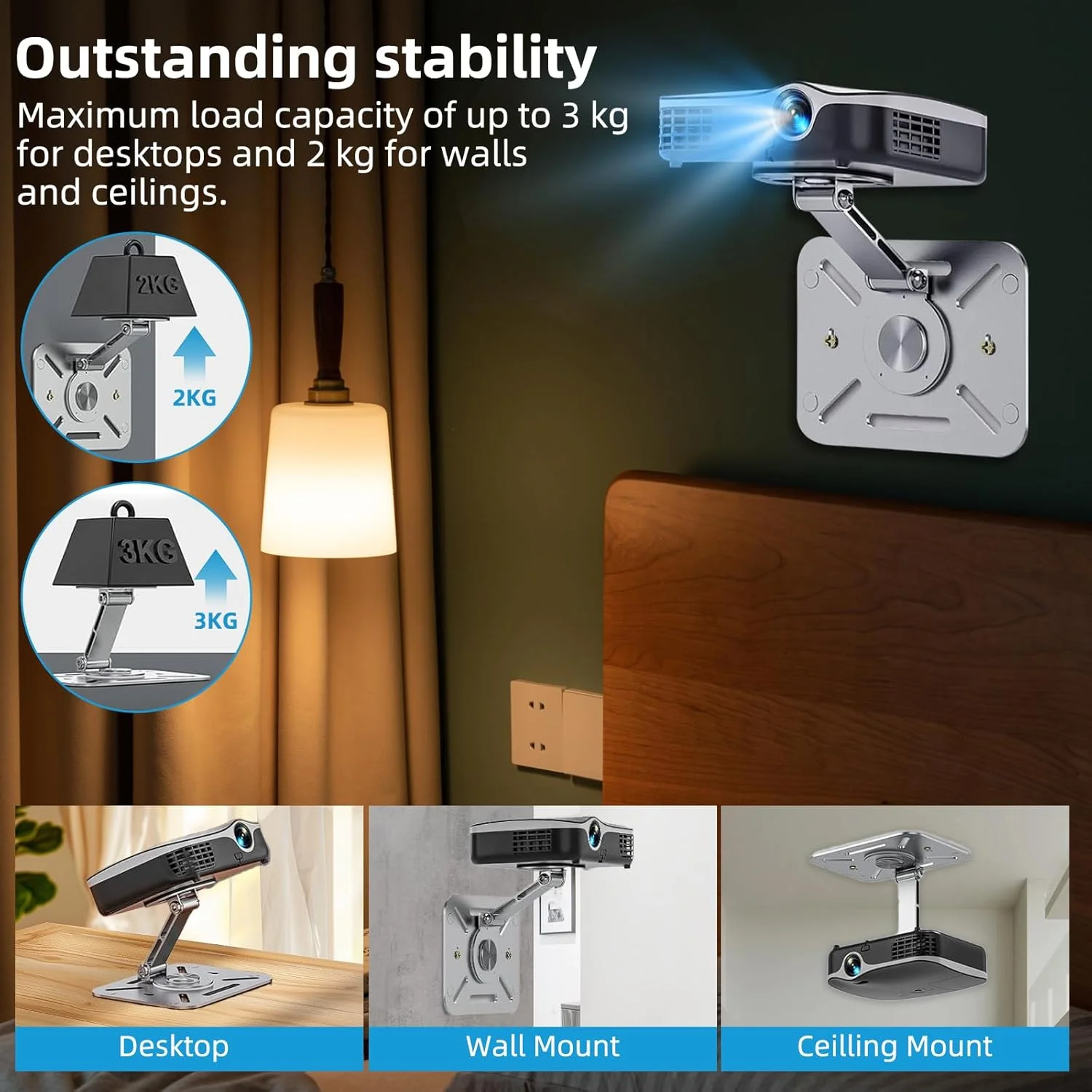 پایه رومیزی پروژکتور با قابلیت چرخش 360 درجه، پایه دیواری پروژکتور، پایه سقفی پروژکتور با رابط پیچ 1/4 اینچی، پایه پروژکتور چند منظوره برای سینمای خانگی، اتاق بازی، دفتر کار