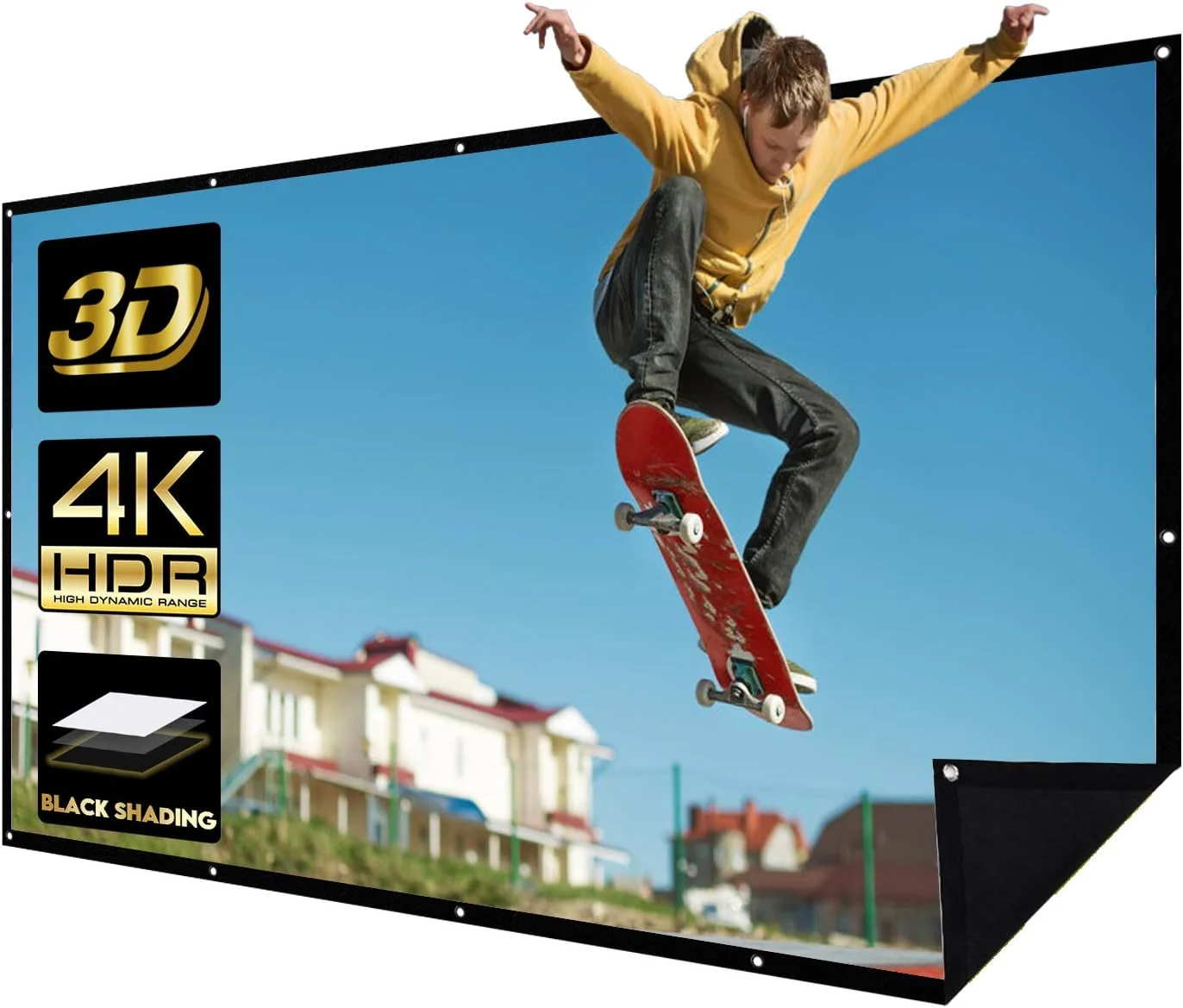 پرده نمایش پروژکتور 120 اینچی قابل حمل 16:9 4K 3D دو لایه 266×149 سانتی متر با پس زمینه مشکی، همراه با 15 قلاب، طناب 12 متری و 1 کیف نگهداری