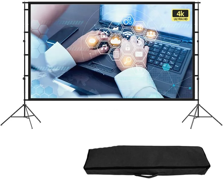 پرده نمایش فیلم قابل حمل در فضای باز، پرده نمایش پروژکتور HD 4K تاشو با پایه و کیف حمل، 100/120 اینچ 16:9 برای نمایش فیلم و ویدیو در داخل و خارج از خانه