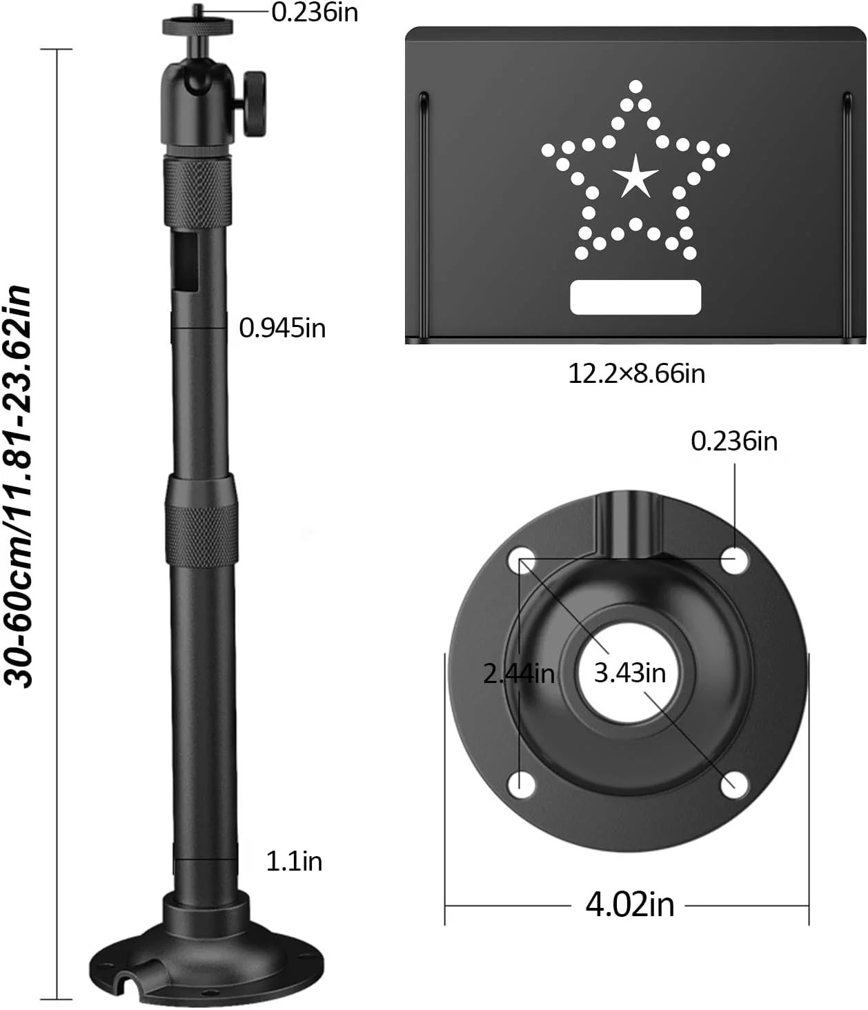 پایه پروژکتور - پایه سقفی یا دیواری پروژکتور با قابلیت تنظیم ارتفاع، نصب بدون نیاز به سوراخکاری، دارای محفظه پنهان برای کابل، تحمل وزن تا 10 کیلوگرم، مشکی