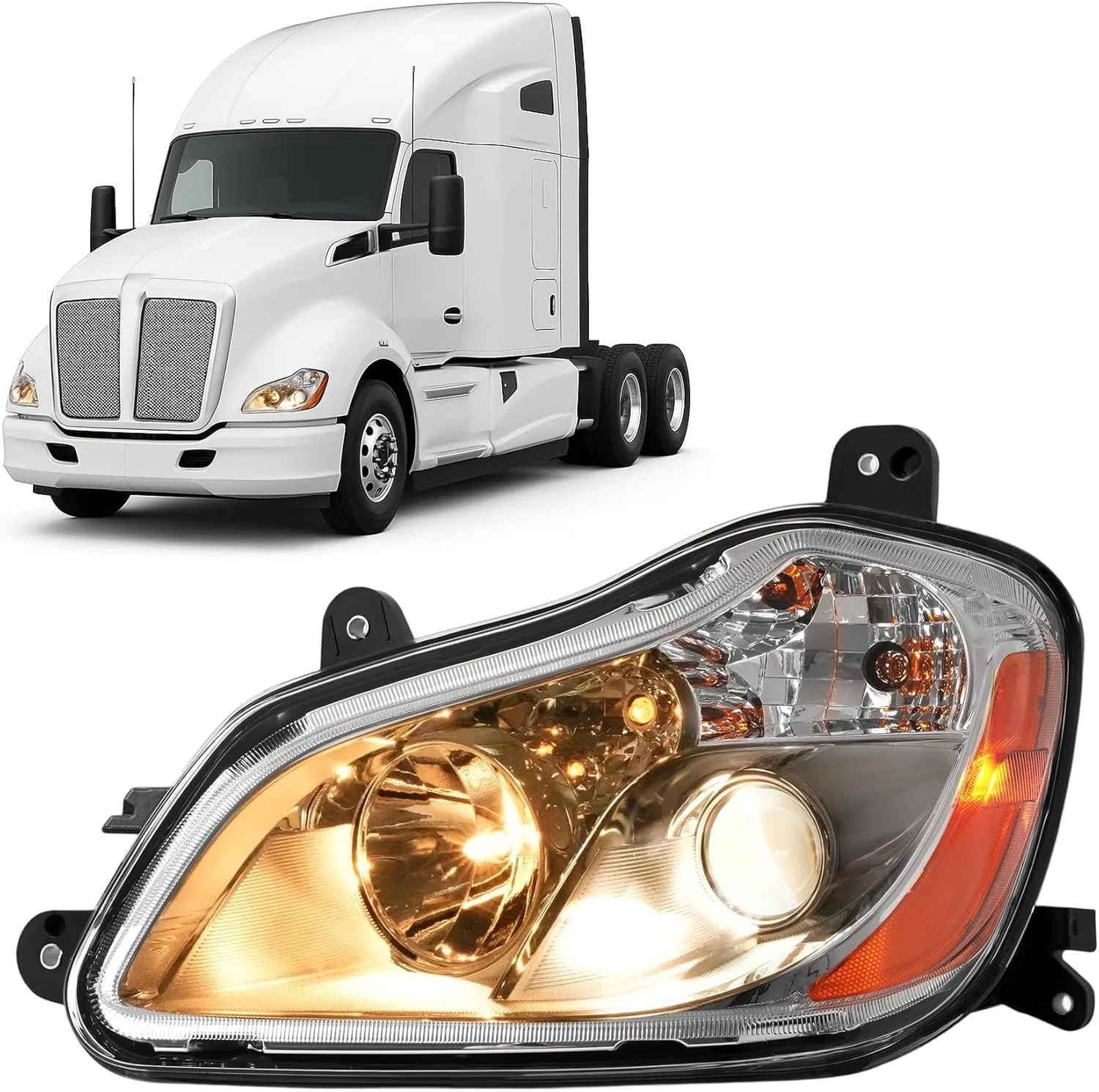 چراغ جلوی چپ پروژکتوری HECASA سازگار با Kenworth T680 مدل 2013-2021، چراغ جلو هالوژنی با لامپ، چراغ جلو، نور پایین و بالا، لنز شفاف + محفظه کرومی، سمت راننده