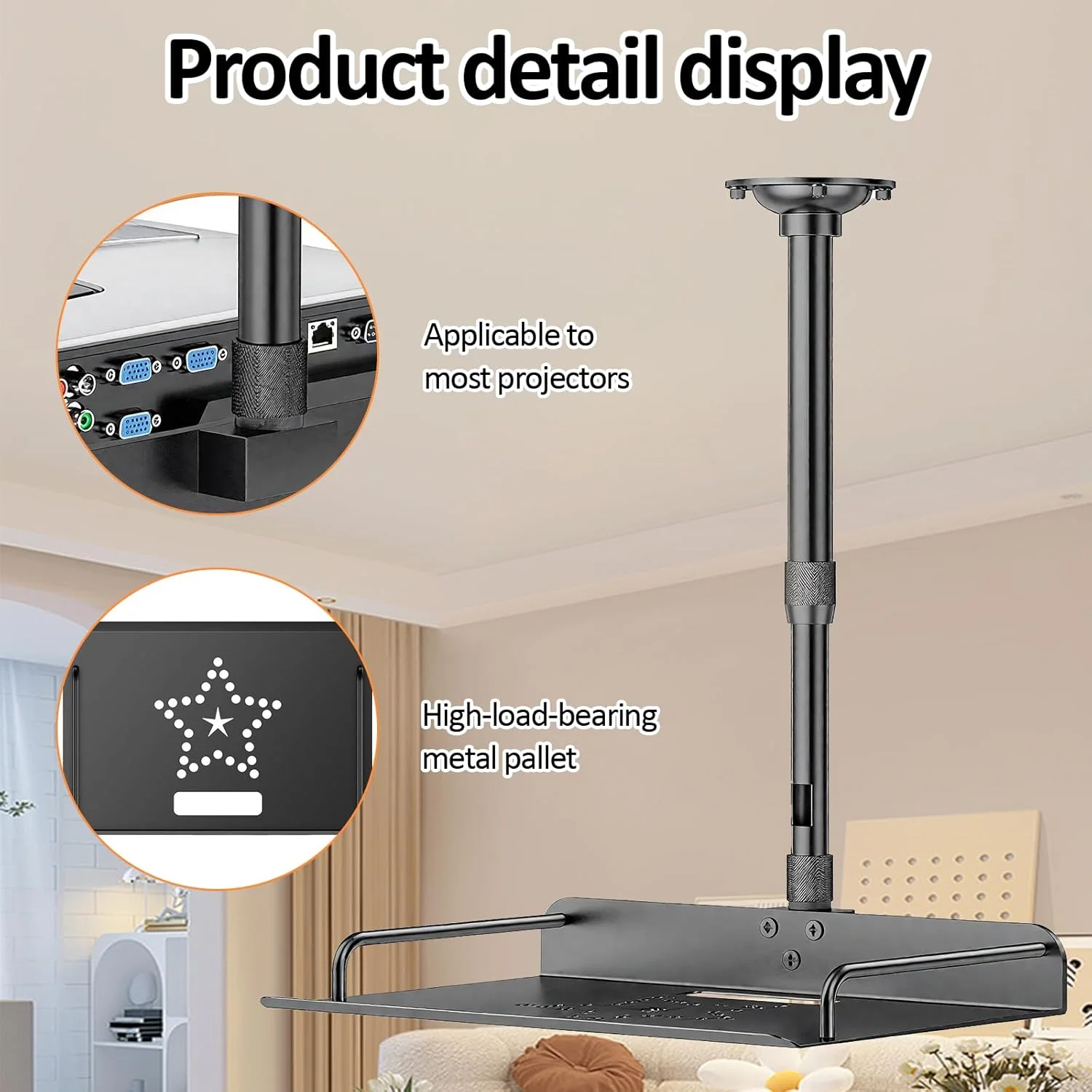 پایه پروژکتور - پایه سقفی یا دیواری پروژکتور با قابلیت تنظیم ارتفاع، نصب بدون نیاز به سوراخکاری، دارای محفظه پنهان برای کابل، تحمل وزن تا 10 کیلوگرم، مشکی