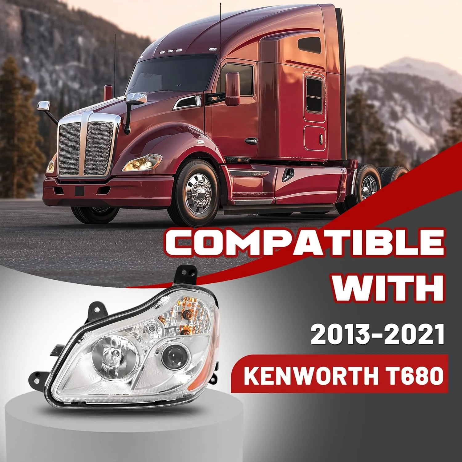 چراغ جلوی چپ پروژکتوری HECASA سازگار با Kenworth T680 مدل 2013-2021، چراغ جلو هالوژنی با لامپ، چراغ جلو، نور پایین و بالا، لنز شفاف + محفظه کرومی، سمت راننده