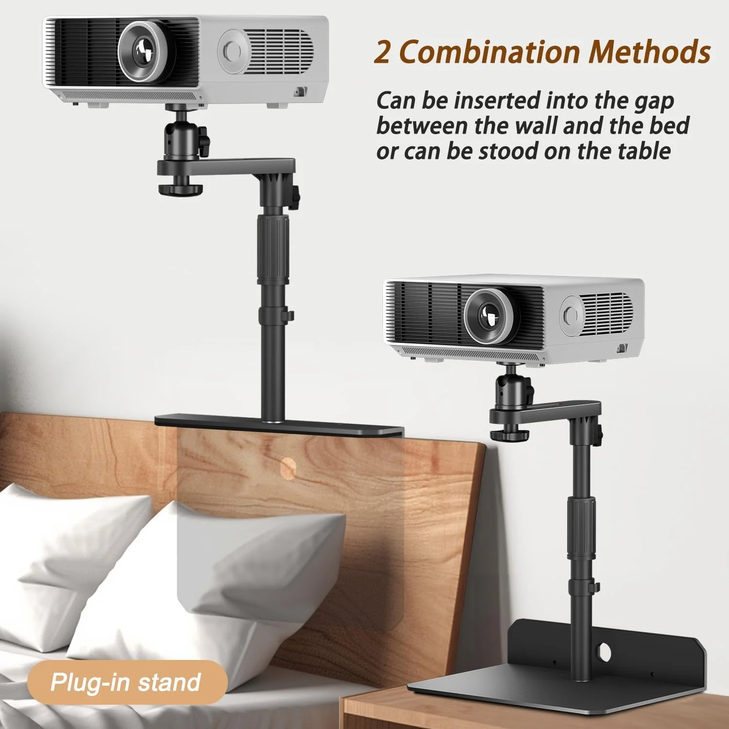 پایه پروژکتور یونیورسال Dsocoool، پایه پروژکتور کنار تخت و مبل، پایه پروژکتور تاج تخت 2 در 1 قابل تنظیم با چرخش 360 درجه، پایه دیواری پروژکتور، پایه رومیزی صرفه جویی در فضا