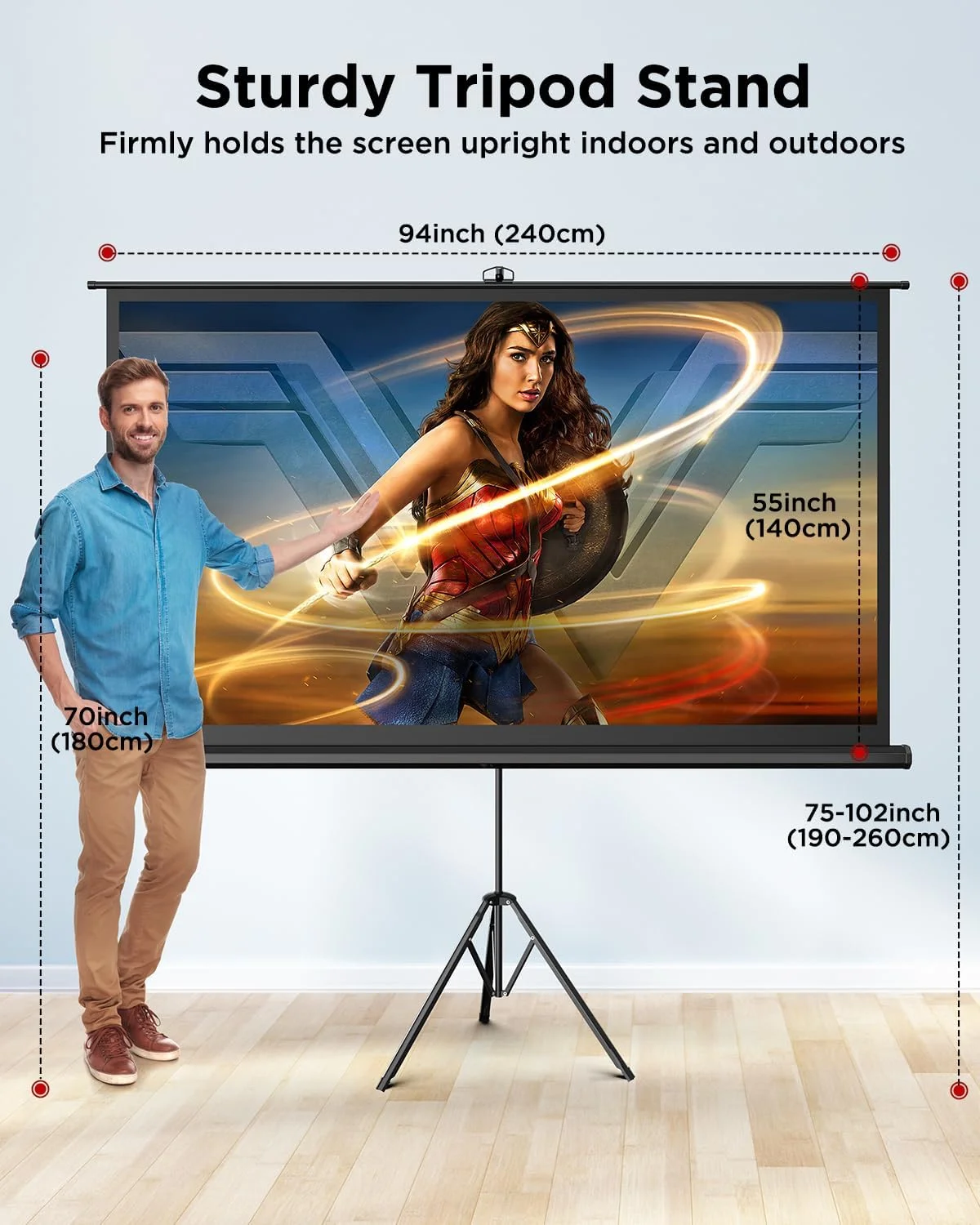 پرده نمایش پروژکتور Dynybot با پایه، 100 اینچ، نسبت تصویر 16:9، کیفیت 4K HD، سطح مات، جنس PVC، قابلیت نصب روی سه پایه و دیوار، نصب آسان، بدون چروک، مناسب برای استفاده در داخل و خارج از خانه پرده نمایش پروژکتور Dynybot با پایه، 100 اینچ، نسبت تصویر 16:9، کیفیت 4K HD، سطح مات، جنس PVC، قابلیت نصب روی سه پایه و دیوار، نصب آسان، بدون چروک، مناسب برای استفاده در داخل و خارج از خانه