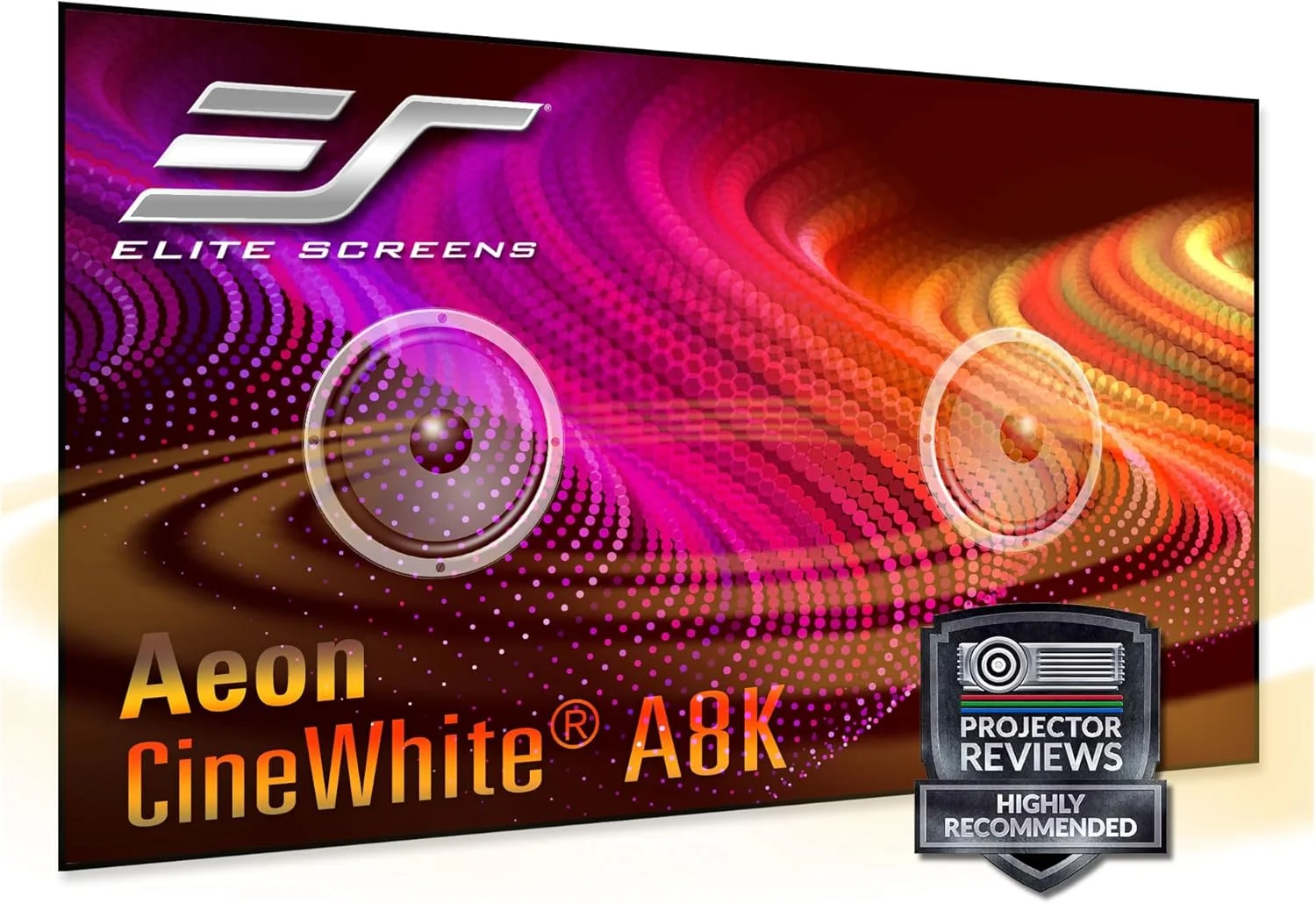 پرده نمایش ثابت بدون حاشیه الیت اسکرینز Aeon CineWhite A8K، قطر 150 اینچ، نسبت تصویر 16:9، دارای گواهینامه ISF، مناسب برای سینمای خانگی 8K Ultra HD، با قابلیت عبور صدا، بافت متخلخل، مدل AR150H-A8K