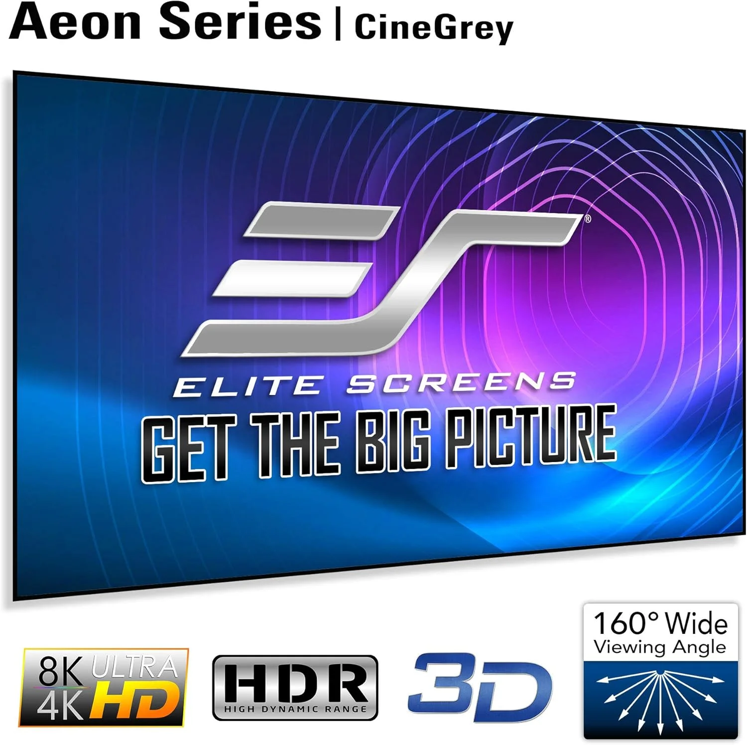 پرده نمایش ثابت بدون حاشیه الیت اسکرینز سری Aeon، ۱۳۵ اینچ، نسبت تصویر ۱۶:۹، 8K / 4K Ultra HD مناسب سینمای خانگی، جنس پرده CineGrey Matte Grey، مدل AR135H2، رنگ سفید