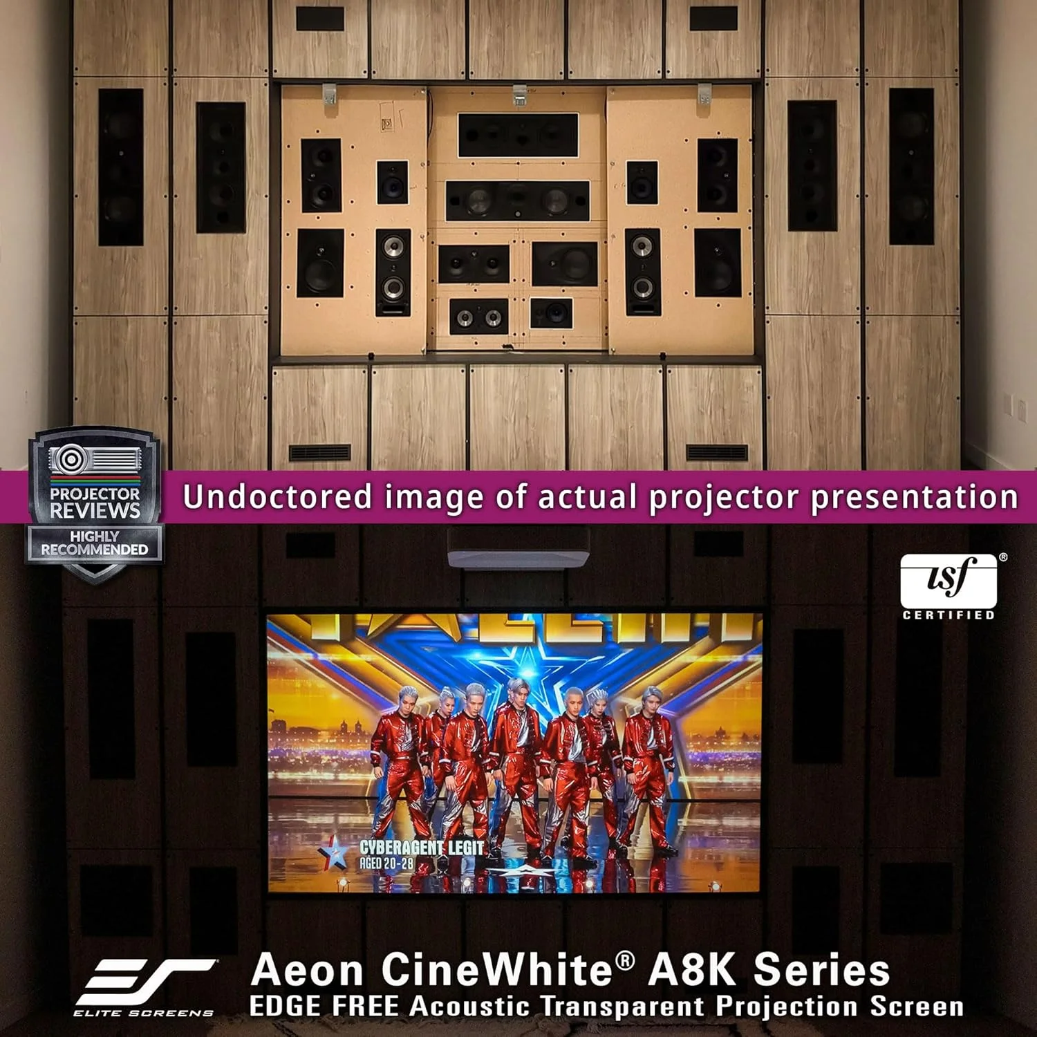 پرده نمایش ثابت بدون حاشیه الیت اسکرینز Aeon CineWhite A8K، قطر 150 اینچ، نسبت تصویر 16:9، دارای گواهینامه ISF، مناسب برای سینمای خانگی 8K Ultra HD، با قابلیت عبور صدا، بافت متخلخل، مدل AR150H-A8K