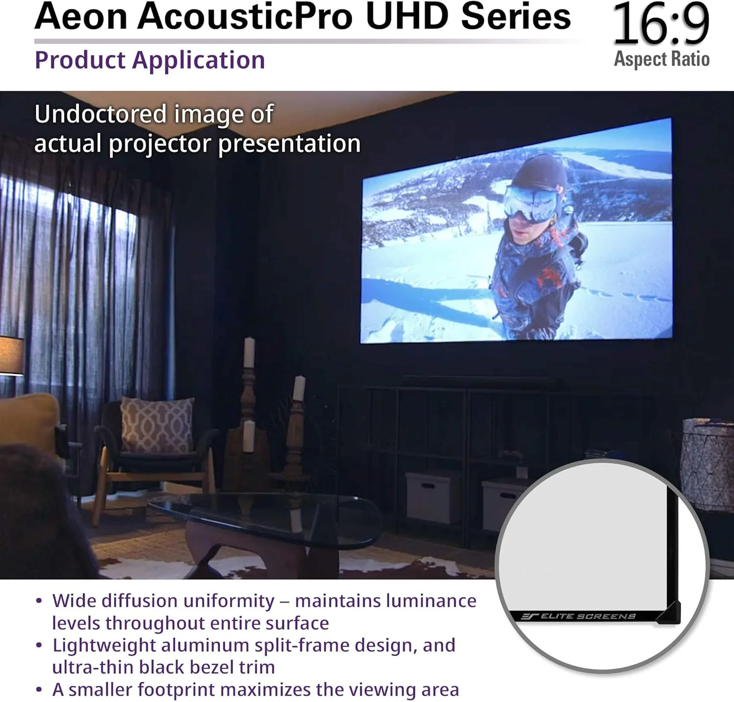 پرده نمایش ثابت بدون حاشیه الیت اسکرینز سری Aeon AUHD، سایز 135 اینچ، نسبت تصویر 16:9، مناسب سینمای خانگی 4K، با قابلیت عبور صدا و بافت متخلخل، مدل AR135H2-AUHD پرده نمایش ثابت بدون حاشیه الیت اسکرینز سری Aeon AUHD، سایز 135 اینچ، نسبت تصویر 16:9، مناسب سینمای خانگی 4K، با قابلیت عبور صدا و بافت متخلخل، مدل AR135H2-AUHD