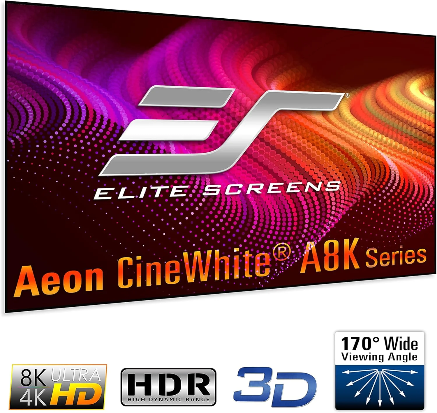 پرده نمایش ثابت بدون حاشیه الیت اسکرینز Aeon CineWhite A8K، قطر 150 اینچ، نسبت تصویر 16:9، دارای گواهینامه ISF، مناسب برای سینمای خانگی 8K Ultra HD، با قابلیت عبور صدا، بافت متخلخل، مدل AR150H-A8K
