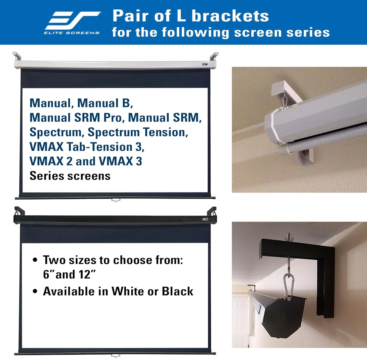 براکت های L شکل 6 اینچی مشکی یونیورسال برای پرده نمایش پروژکتور Elite Screens، ساختار فلزی جوش داده شده، نصب روی دیوار یا سقف - شامل قلاب ها و سخت افزار، مدل: ZVMAXLB6-B براکت های L شکل 6 اینچی مشکی یونیورسال برای پرده نمایش پروژکتور Elite Screens، ساختار فلزی جوش داده شده، نصب روی دیوار یا سقف - شامل قلاب ها و سخت افزار، مدل: ZVMAXLB6-B