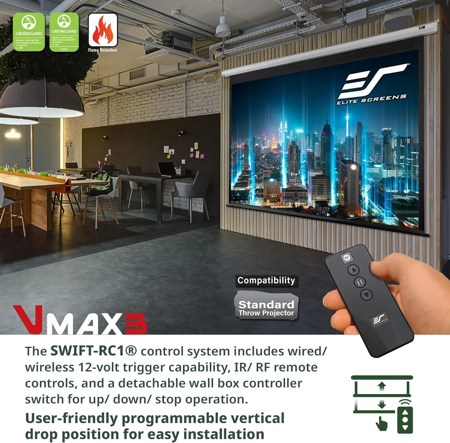 پرده نمایش برقی موتوردار سقفی/دیواری الیت اسکرینز VMAX 3، ۱۵۰ اینچ، نسبت تصویر ۱۶:۹، مناسب برای پروژکتورهای HD