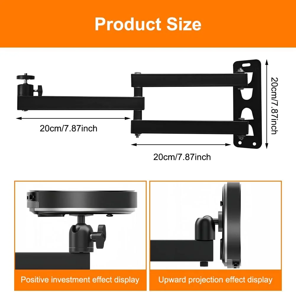پایه دیواری تاشو پروژکتور - پایه پروژکتور با رابط پیچ 1/4 اینچی، پایه پروژکتور چند زاویه ای برای سینمای خانگی/اتاق بازی/دفتر، تاشو مشکی