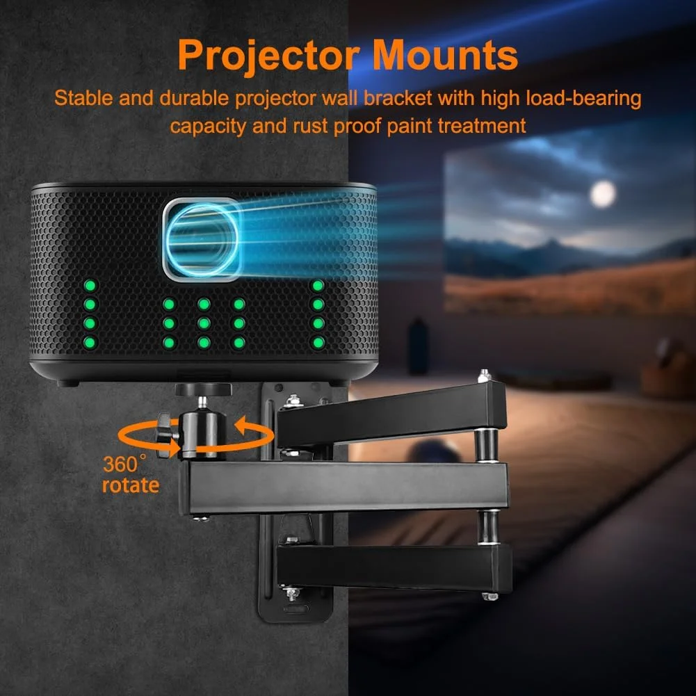 پایه دیواری تاشو پروژکتور - پایه پروژکتور با رابط پیچ 1/4 اینچی، پایه پروژکتور چند زاویه ای برای سینمای خانگی/اتاق بازی/دفتر، تاشو مشکی