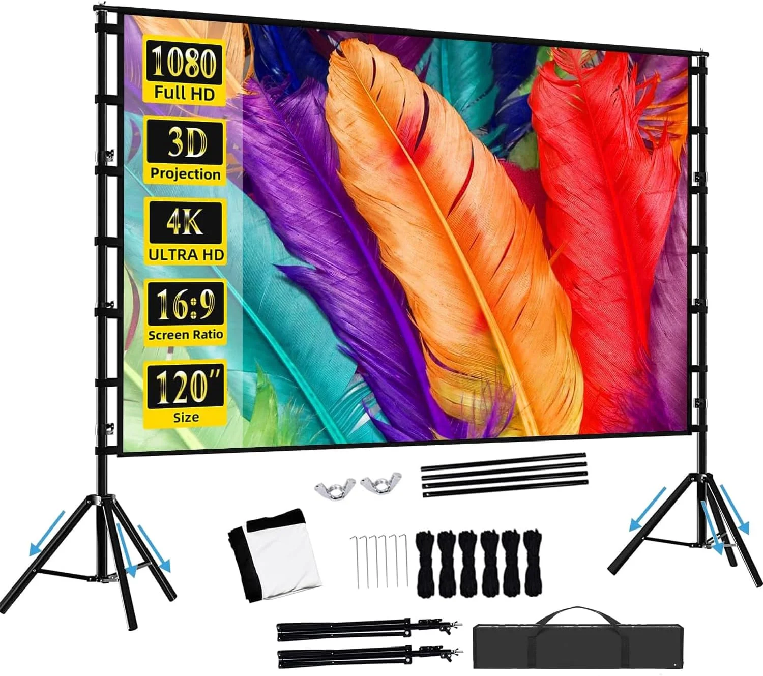 پرده نمایش پروژکتور با پایه، 100/120/150 اینچ، پرده نمایش قابل حمل برای فضای باز و داخل خانه، نسبت تصویر 16:9 4K، پرده نمایش فیلم جلو و عقب با کیف حمل برای سینمای خانگی و حیاط خلوت (120 اینچ) پرده نمایش پروژکتور با پایه، 100/120/150 اینچ، پرده نمایش قابل حمل برای فضای باز و داخل خانه، نسبت تصویر 16:9 4K، پرده نمایش فیلم جلو و عقب با کیف حمل برای سینمای خانگی و حیاط خلوت (120 اینچ)