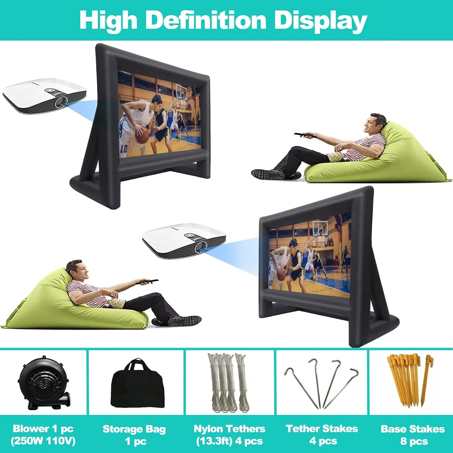 پرده نمایش بادی 6.4 متری برای فیلم و تلویزیون - پرده نمایش بادی قابل حمل با دمنده برای سینمای خانگی، مناسب برای نمایش از جلو و عقب در فضای باز و داخل خانه