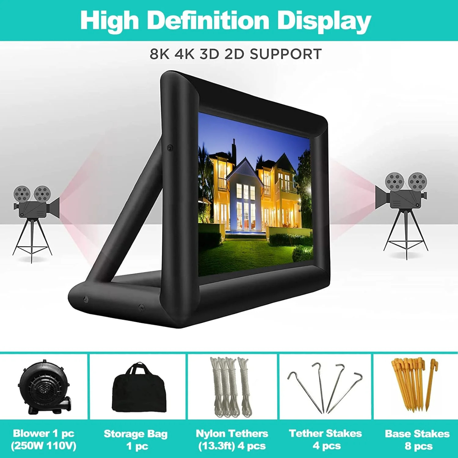 پرده نمایش بادی قابل حمل 6 متری - بسته پرده نمایش سینمایی بادی بزرگ با طناب، دمنده و میخ چادر - نمایش جلو و عقب، برای مهمانی در فضای باز، حیاط خلوت و تفریح در استخر