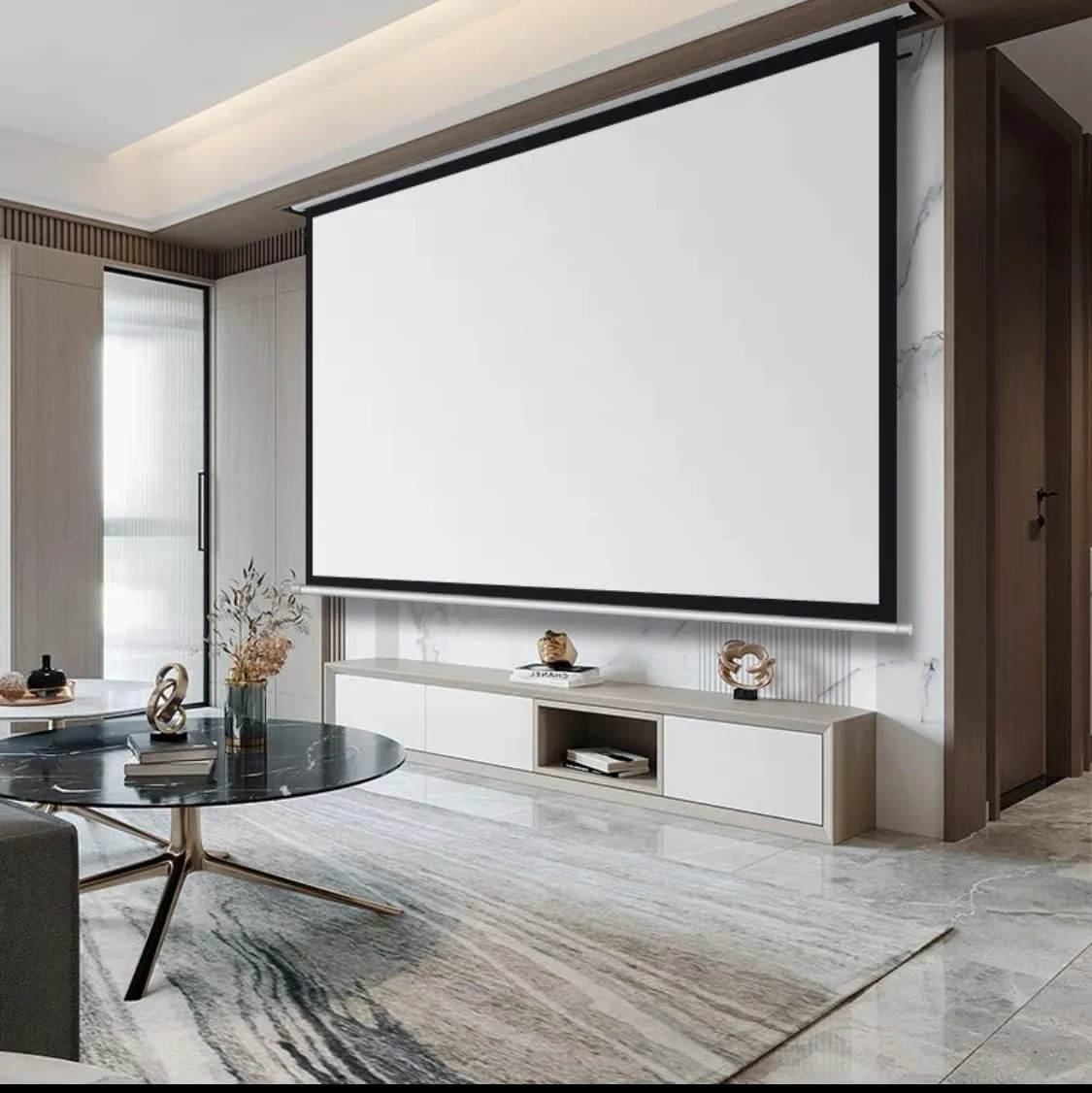 پرده نمایش پروژکتور موتوردار 150 اینچی 16:9 با قفل خودکار، قابل نصب روی دیوار/سقف، مناسب برای سینمای خانگی و فیلم، آماده برای 8K / 4K Ultra HD 3D