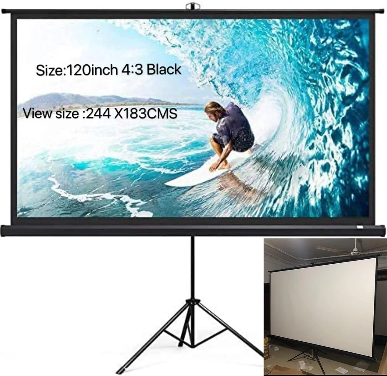 پرده نمایش پروژکتور قابل حمل 120 اینچ مورب HD 4:3 با پایه سه پایه تاشو، 244 در 183 سانتی متر