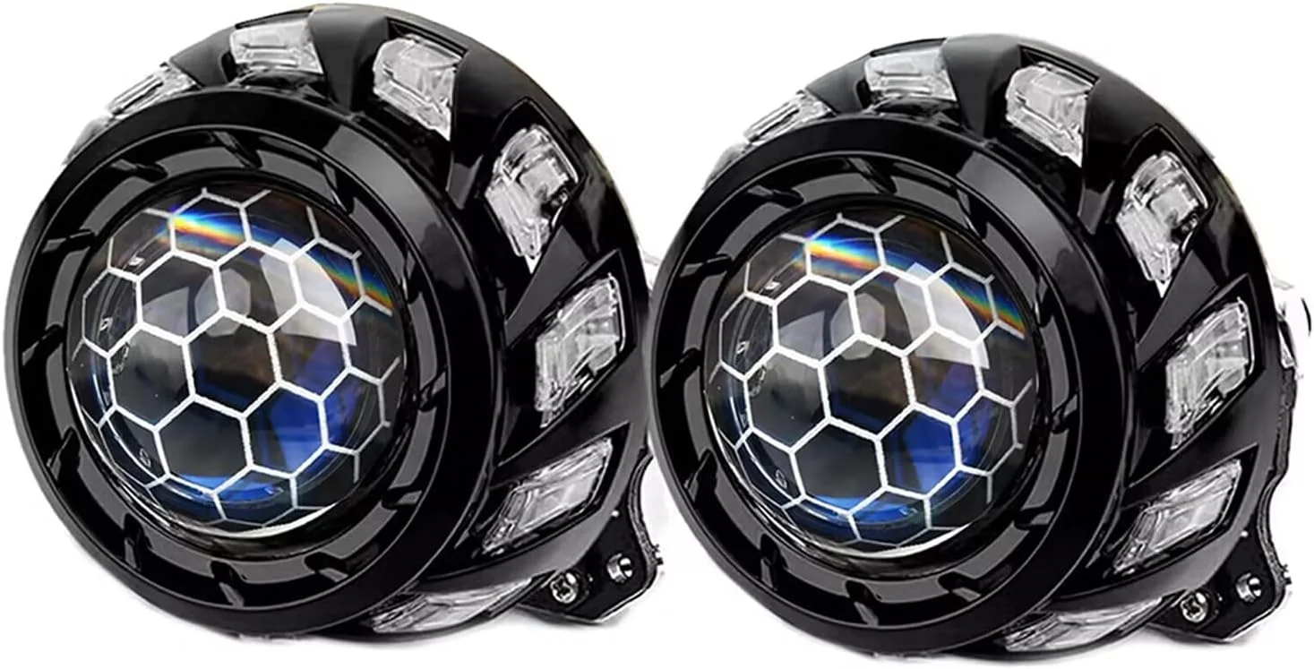 عدسی پروژکتور لانه زنبوری آبی 3.0 اینچی با قاب های مارپیچی RGB، کیت اصلاح چراغ جلو جهانی با نور بالا/پایین برای چراغ جلو اتومبیل و موتورسیکلت H1 H4 H7