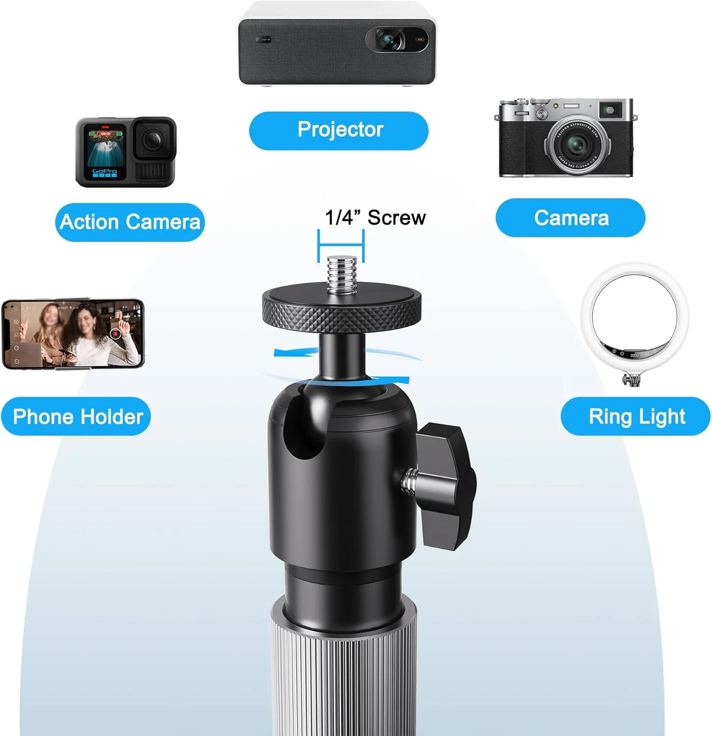 پایه نگهدارنده پروژکتور، پایه نصب پروژکتور زمینی با پیچ ¼ اینچی و پایه سنگین، ارتفاع قابل تنظیم 84-127 سانتی متر، تنظیم زاویه دلخواه، مناسب برای اتاق نشیمن، حیاط، اتاق خواب