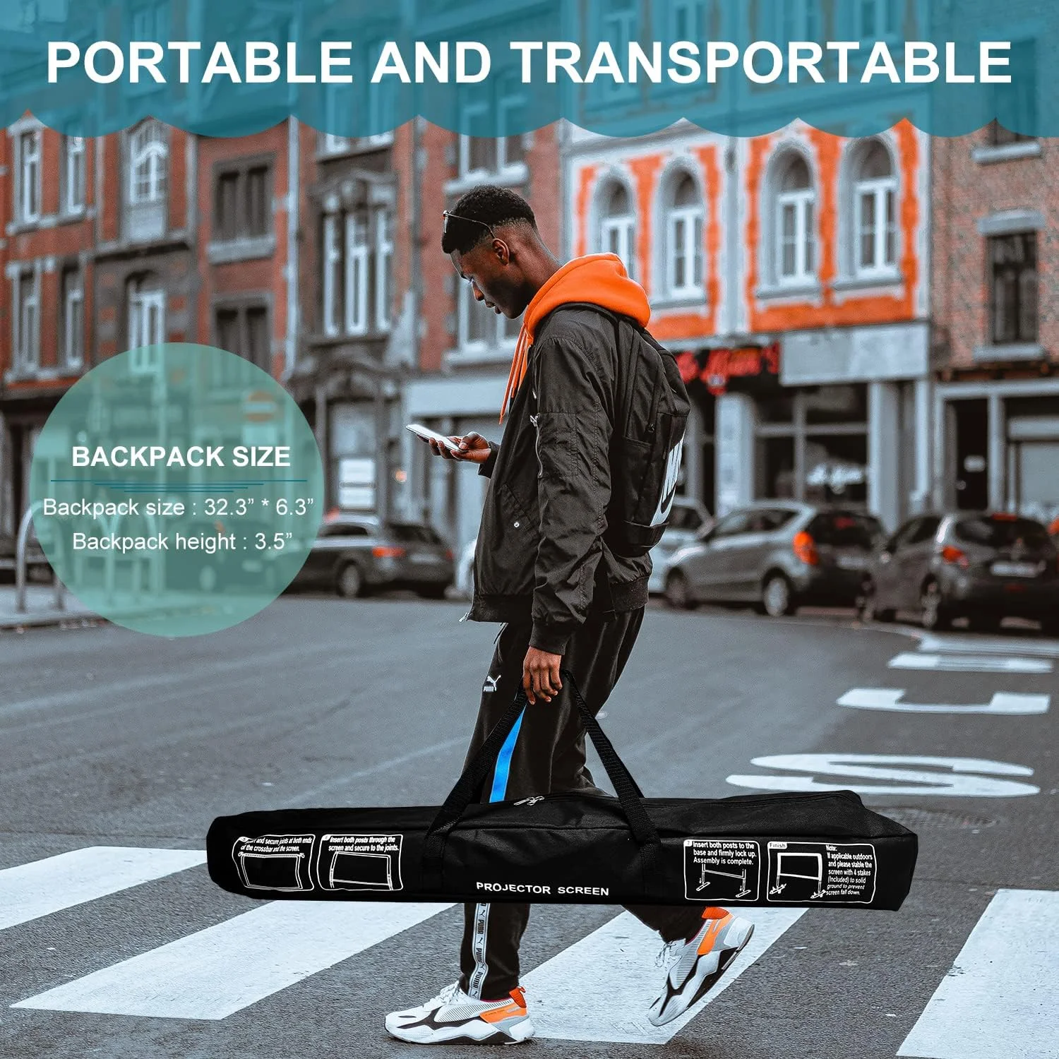 پرده نمایش پروژکتور HOIN با پایه، 100 اینچ، مناسب فضای باز، ارتقا یافته 4K با کیف حمل، تاشو
