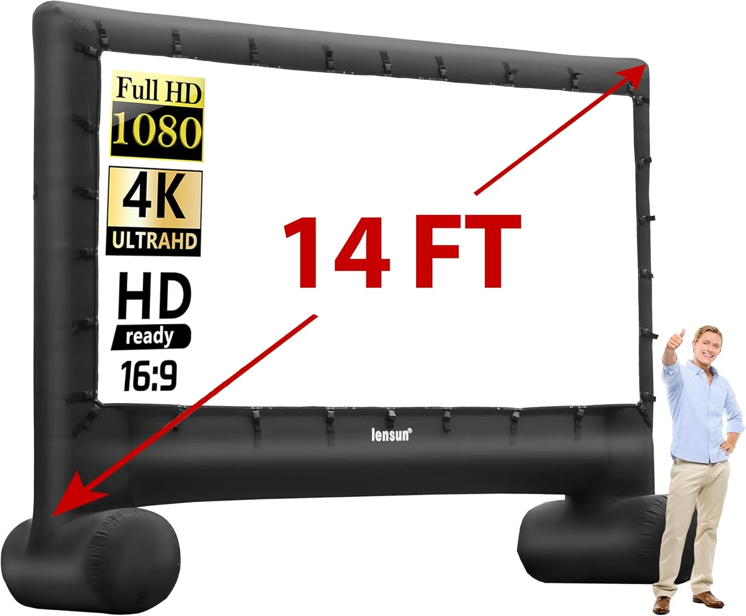 پرده نمایش بادی ۱۴ فوتی برای فیلم در فضای باز، پرده نمایش بزرگ بادی برای نمایش از جلو و عقب - شامل فن دمنده، میخ های پایه، طناب و کیف نگهداری