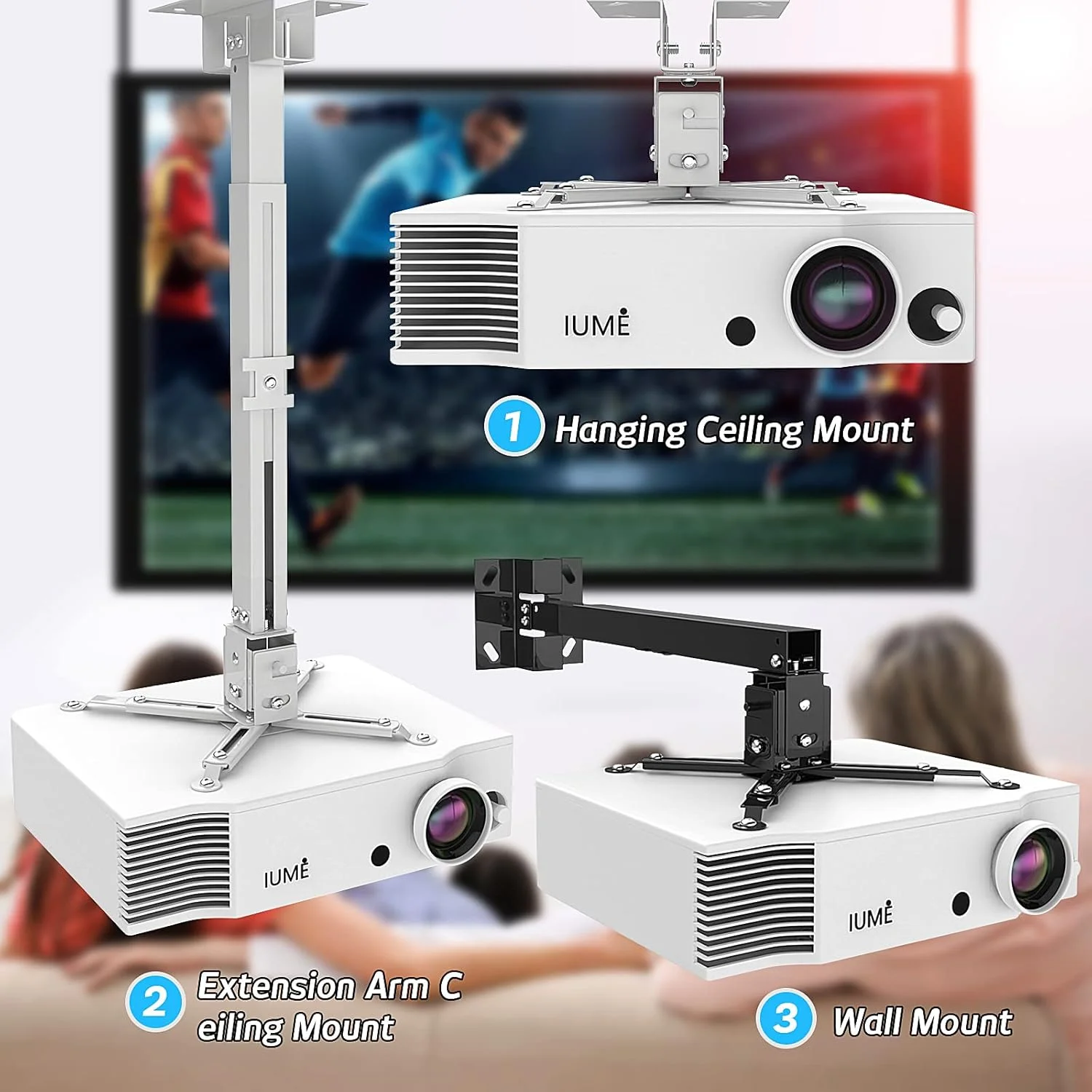 پایه سقفی پروژکتور IUMÉ، پایه پروژکتور مشکی یونیورسال، براکت پایه پروژکتور قابل افزایش طول، آویز دیواری برای اکثر پروژکتورها، ویدئو