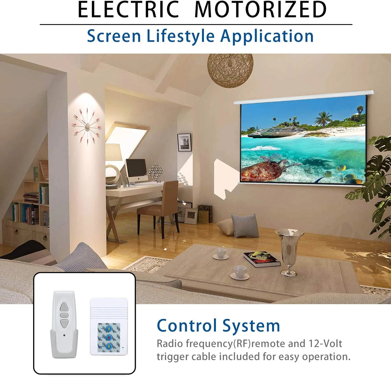 پرده نمایش برقی 120 اینچی Kayle با نسبت تصویر 4:3 مناسب برای فیلم های HD، ارائه، آموزش، فضای باز و داخل با کنترل از راه دور و قابلیت نصب روی دیوار/سقف (سفید)