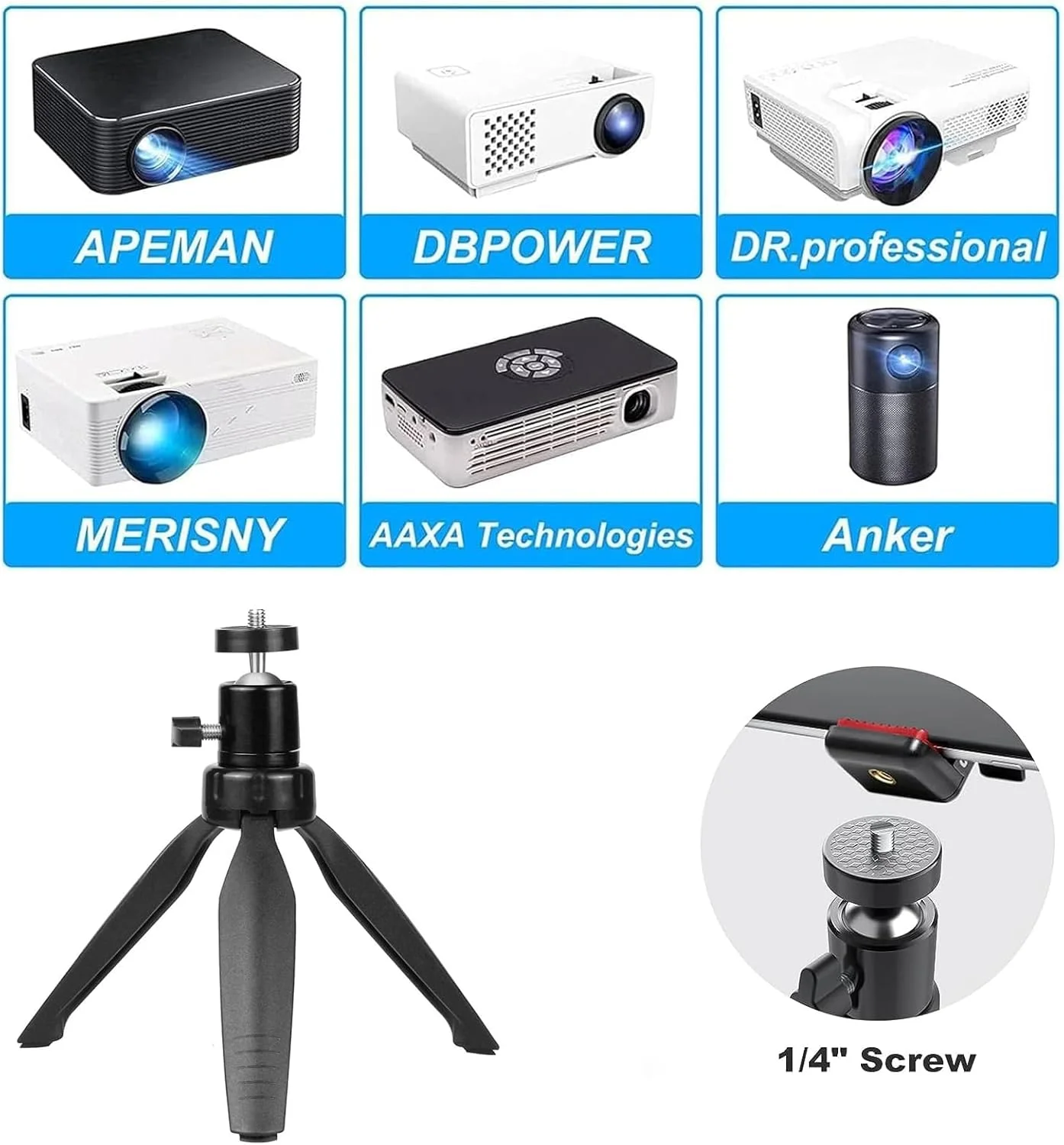 پایه سه پایه مینی پروژکتور سازگار با APEMAN، DR. J Upgrade، DBPOWER، Anker، Artlii، LoongSon، AAXA Technologies و اکثر مینی پروژکتورهای دیگر
